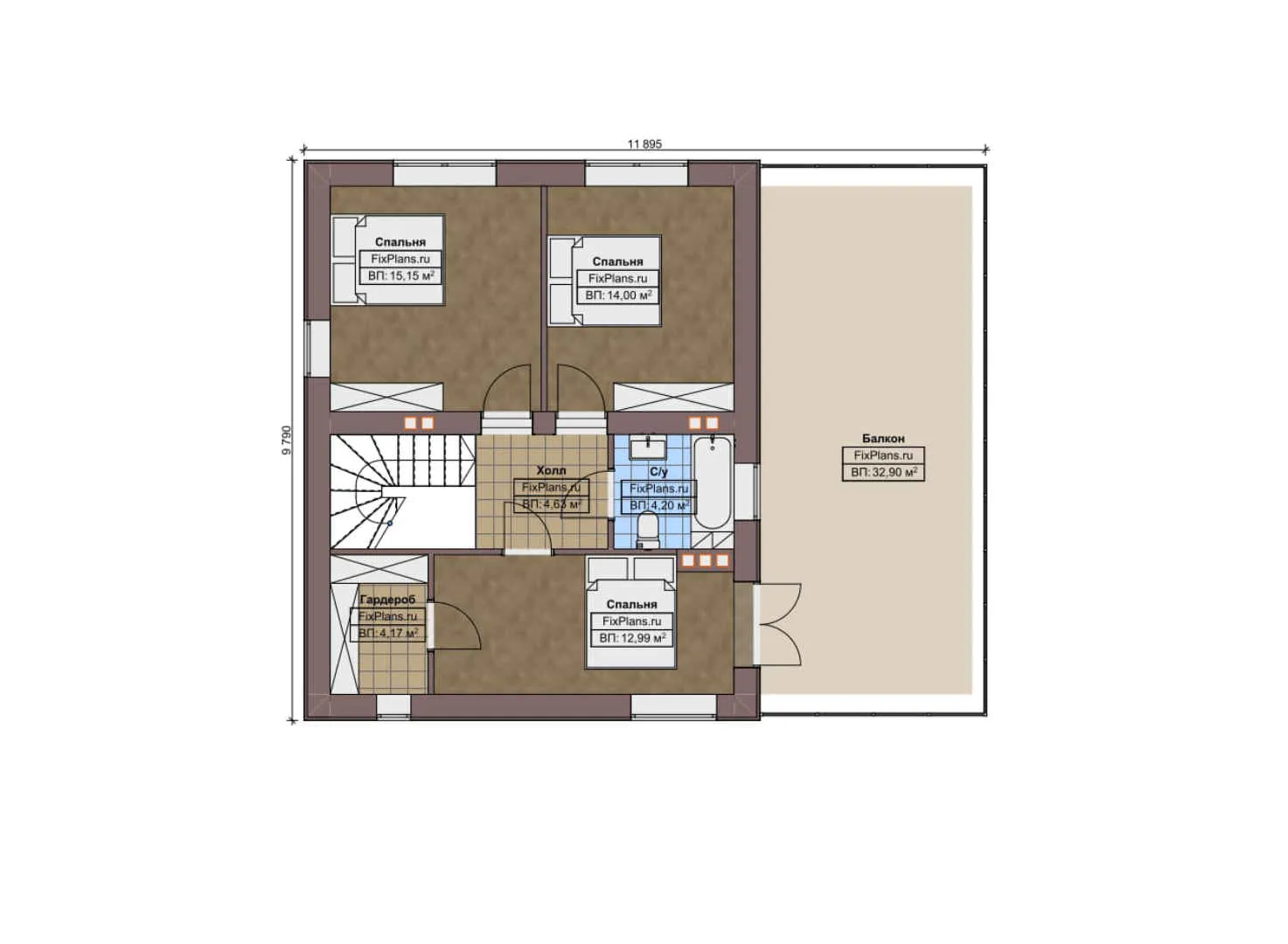 F-9197 - Планы двухэтажного дома 11 на 12, площадью 180 м² с балконом, гаражом на 1 машину и 3 спальнями