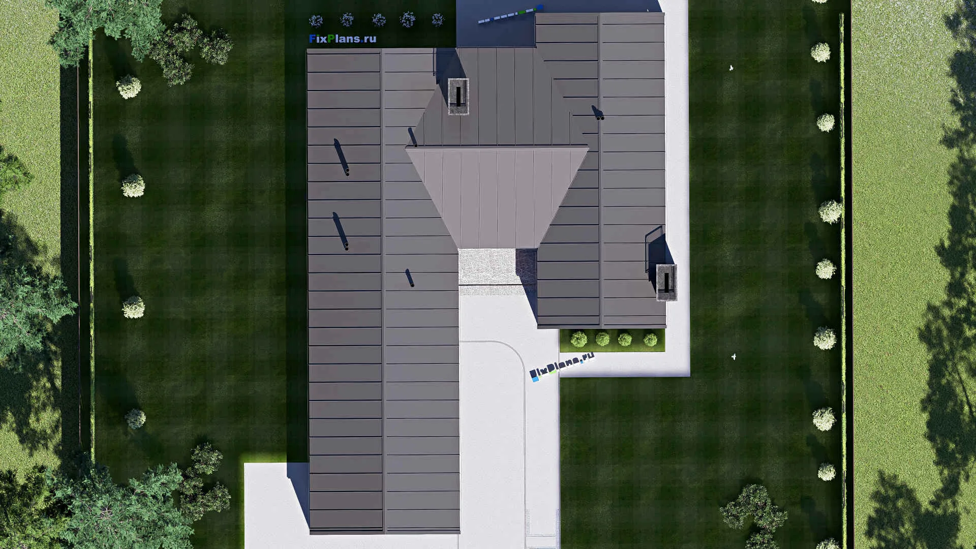 F-20582 - Проект одноэтажного дома 23 на 32, площадью 410 м² с террасой, гаражом на 2 машины и 3 спальнями