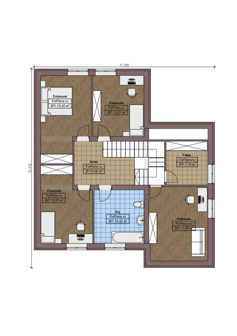 F-1304 - Планы дома с мансардой 12 на 13, площадью 200 м² с террасой, гаражом на 1 машину и 4 спальнями