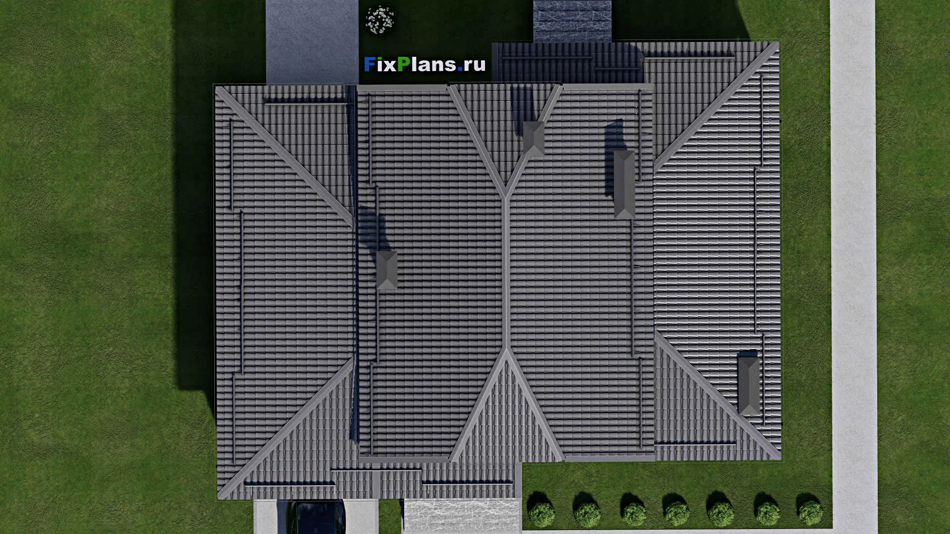 F-5759 - Проект дома с мансардой 13 на 18, площадью 320 м² с цокольным этажом, баней, гаражом на 2 машины и 5 спальнями