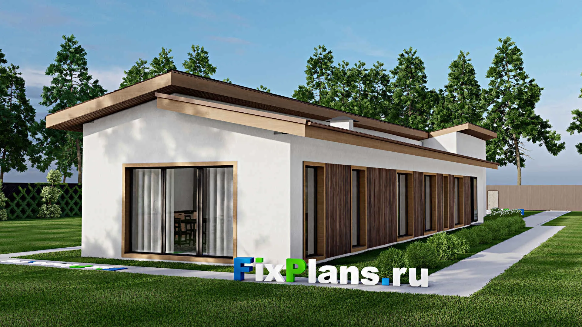 F-10007 - Проект одноэтажного дома 11 на 35, площадью 220 м² с баней, гаражом на 2 машины и 4 спальнями