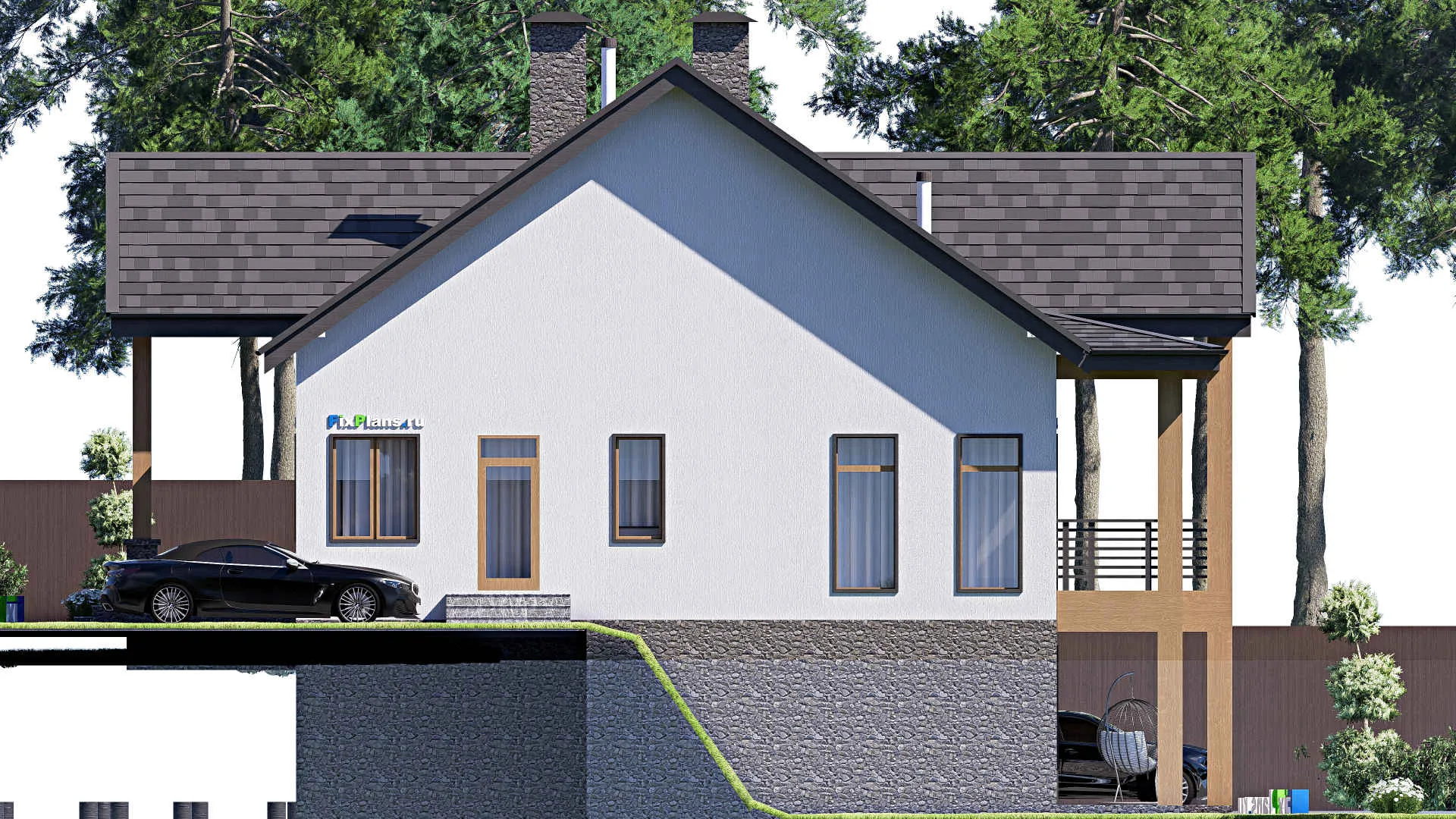 F-20645 - Проект двухэтажного дома 18 на 20, площадью 440 м² с террасой, цокольным этажом, гаражом на 1 машину и 3 спальнями