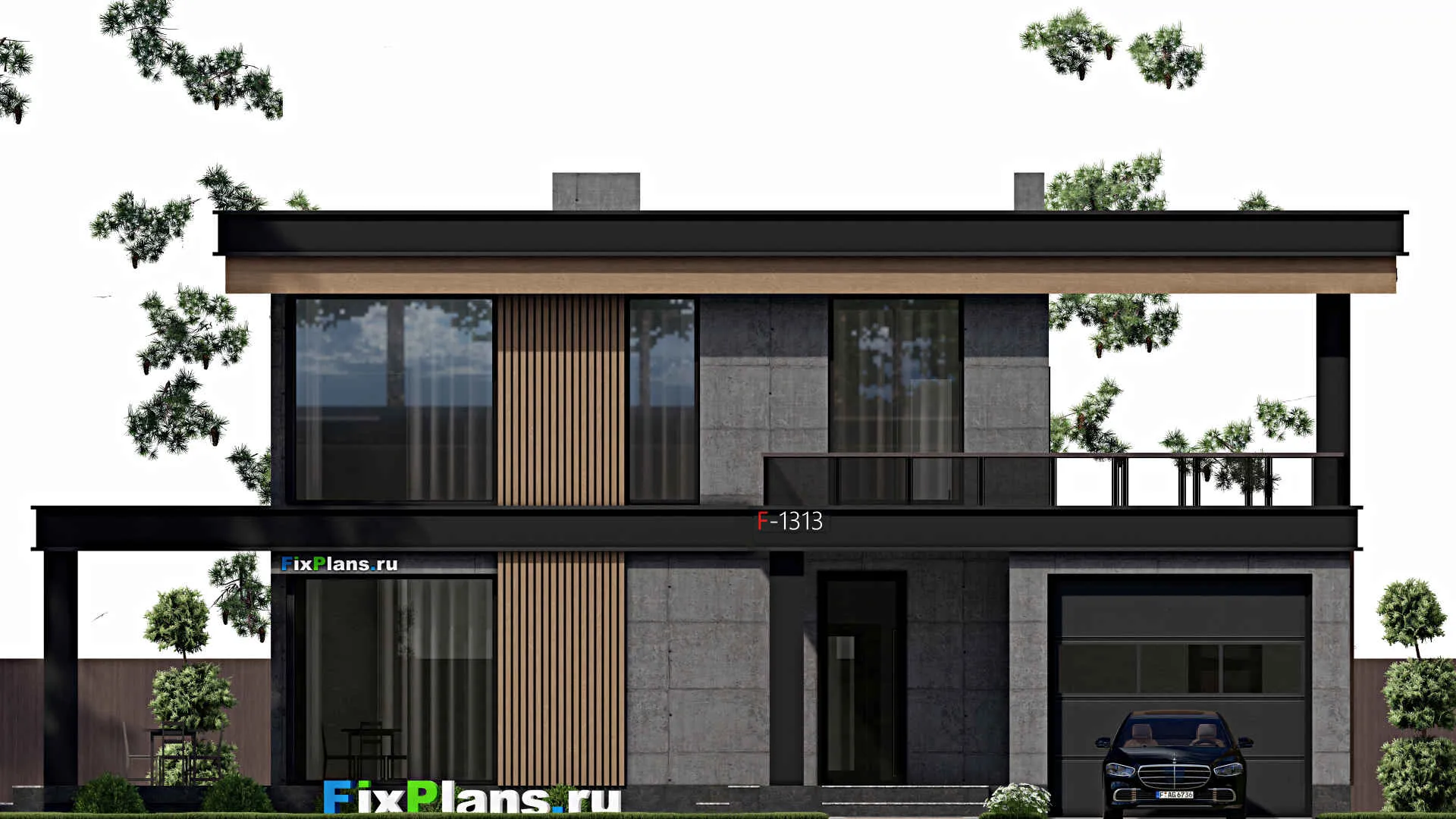 F-1313 - Проект двухэтажного дома 11 на 15, площадью 230 м² с террасой, балконом, гаражом на 1 машину и 3 спальнями