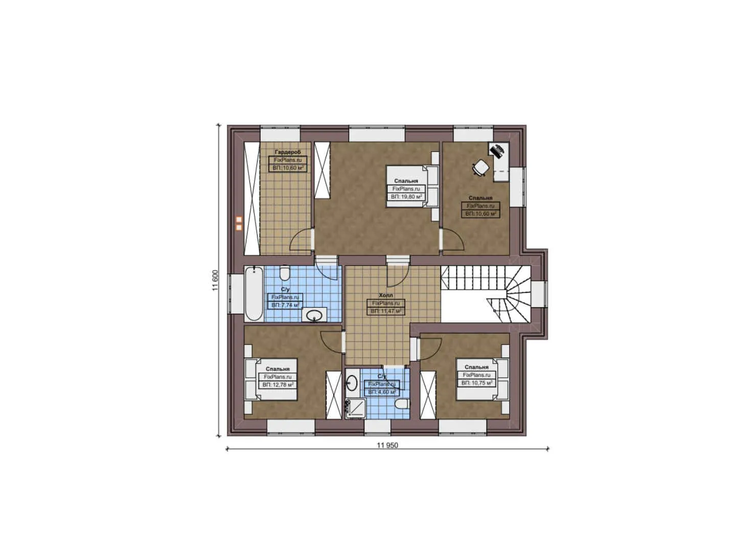 F-3482 - Планы двухэтажного дома 19 на 23, площадью 350 м² с террасой, гаражом на 2 машины и 5 спальнями