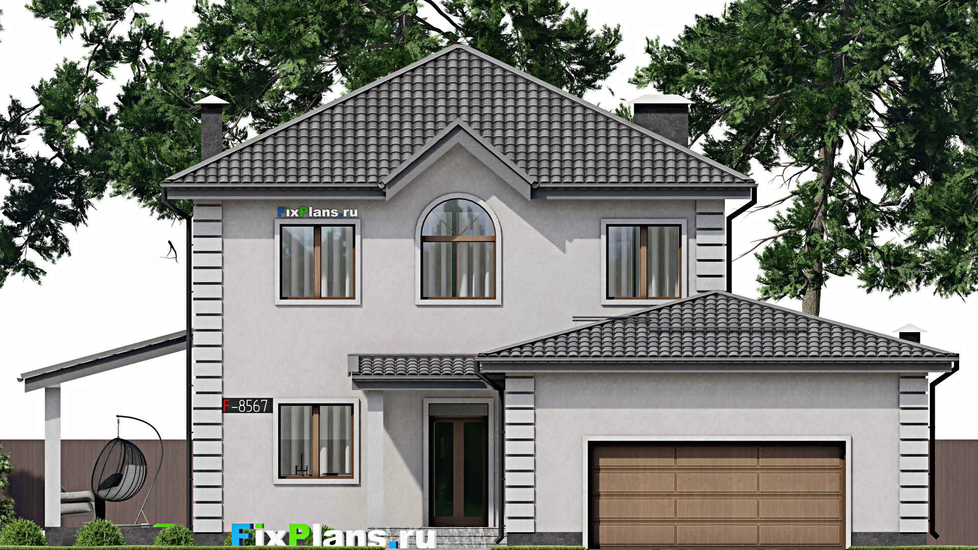 F-8567 - Проект двухэтажного дома 15 на 17, площадью 220 м² с террасой, гаражом на 2 машины и 4 спальнями