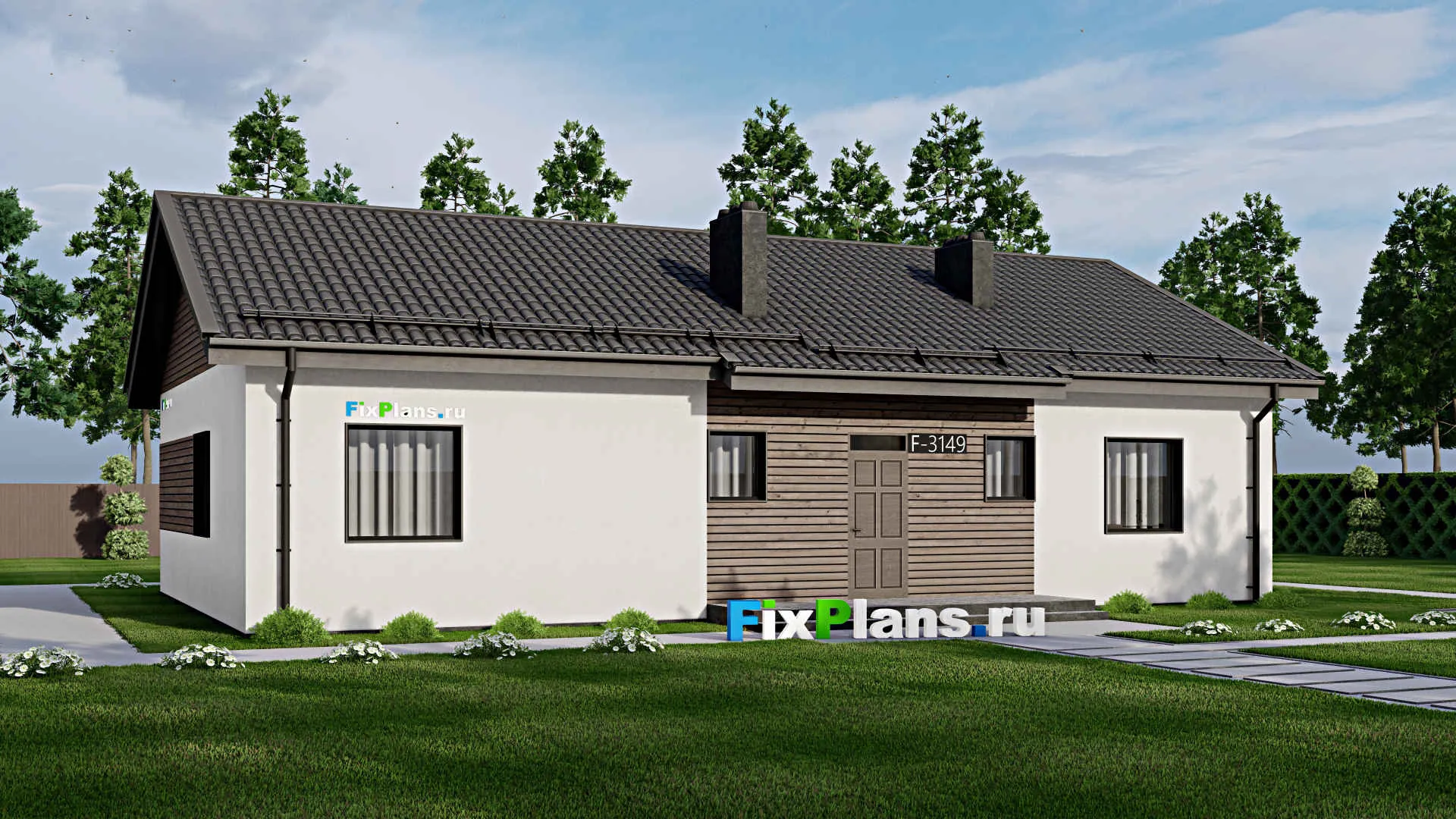 F-3149 - Проект одноэтажного дома 11 на 17, площадью 180 м² с террасой, баней и 3 спальнями