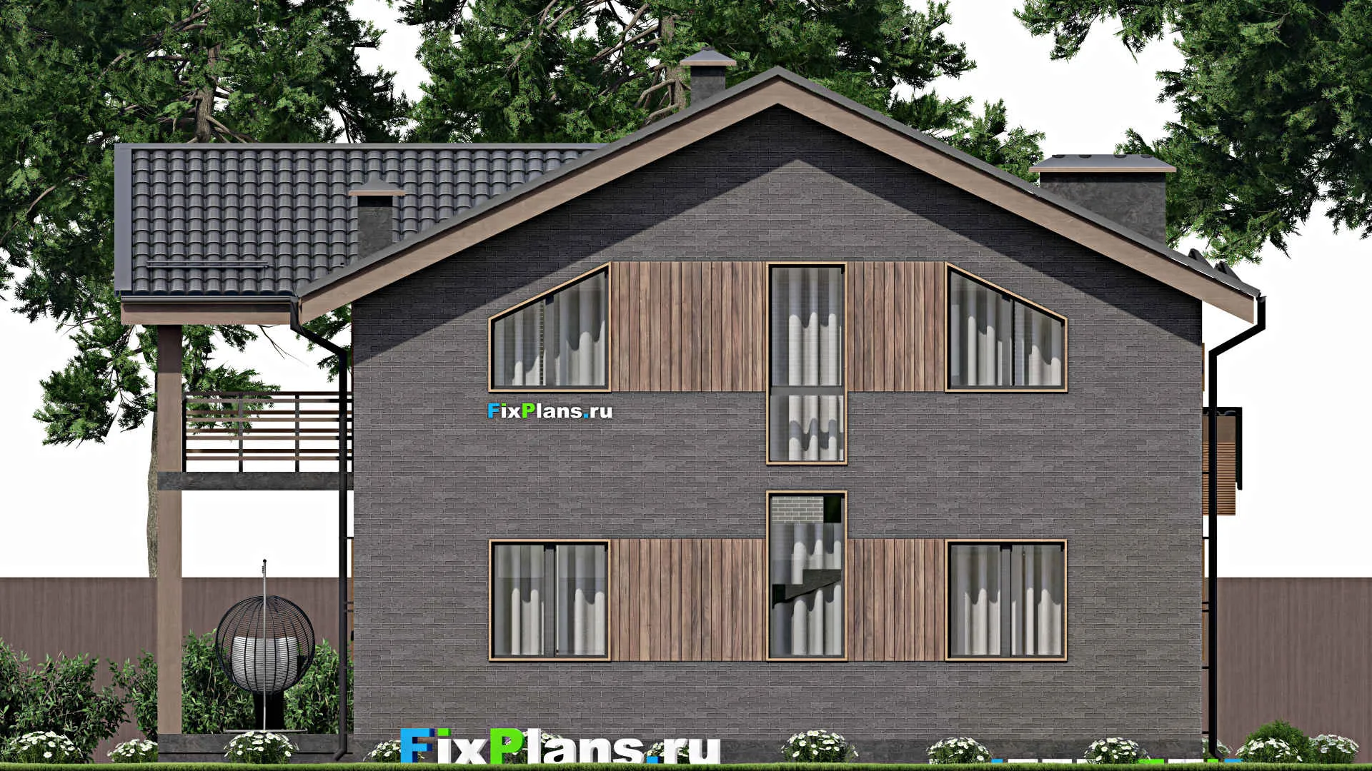 F-4697 - Планы дома с мансардой 11 на 11, площадью 210 м² с террасой, балконом и 4 спальнями