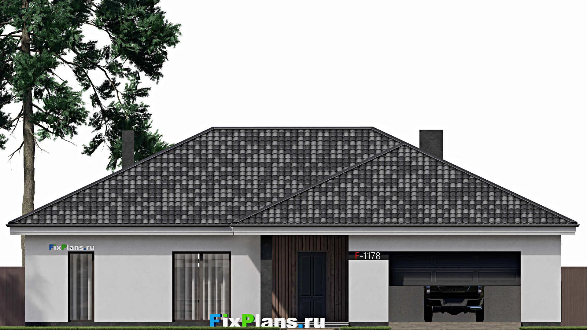 F-1178 - Проект одноэтажного дома 16 на 19, площадью 220 м² с террасой, гаражом на 2 машины и 2 спальнями