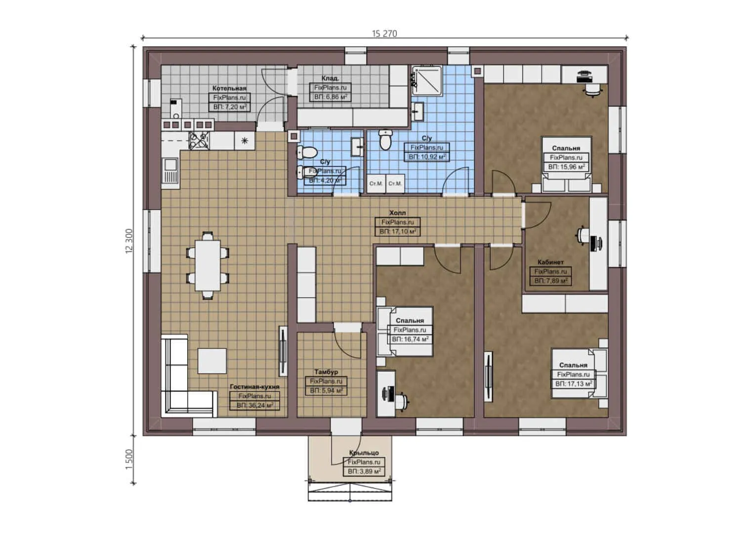 F-1664 - План одноэтажного дома 13 на 16, площадью 150 м² с 3 спальнями