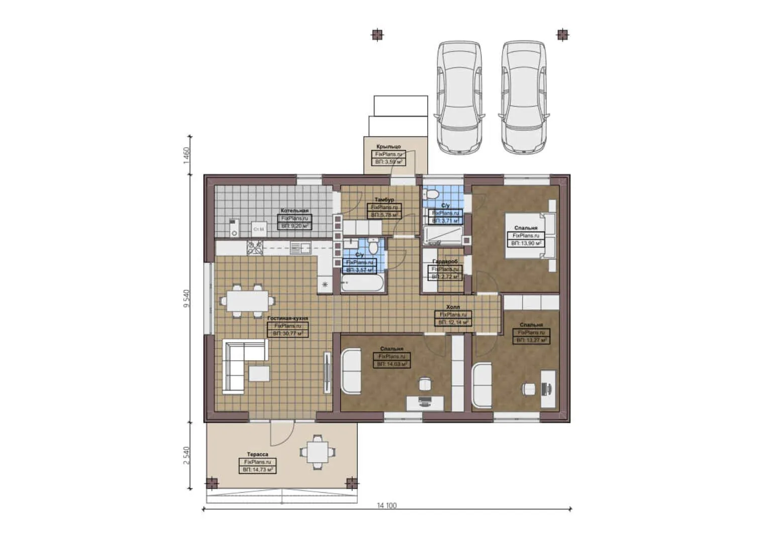 F-1790 - План одноэтажного дома 10 на 15, площадью 130 м² с террасой и 3 спальнями