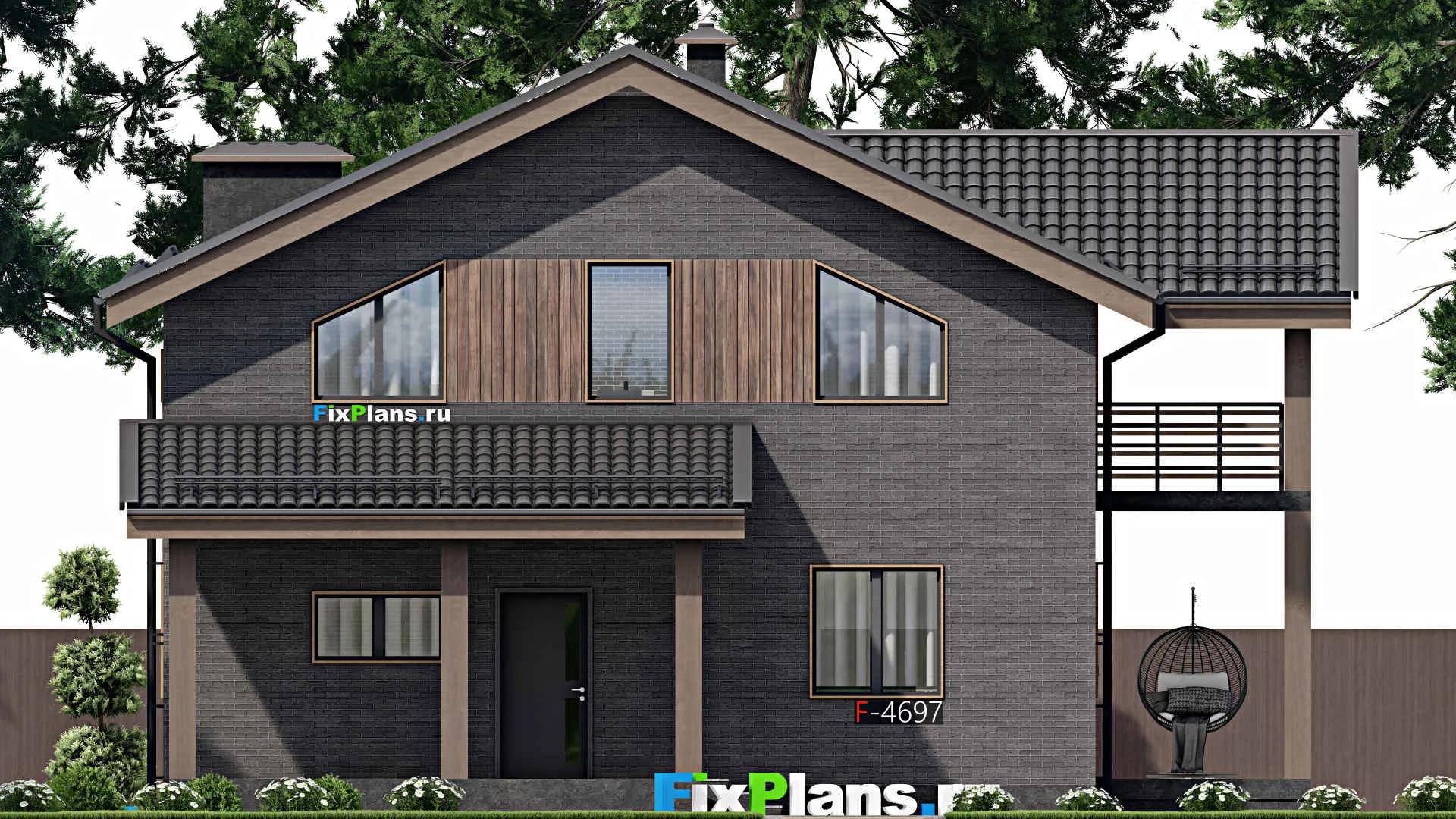 F-4697 - Планы дома с мансардой 11 на 11, площадью 210 м² с террасой, балконом и 4 спальнями