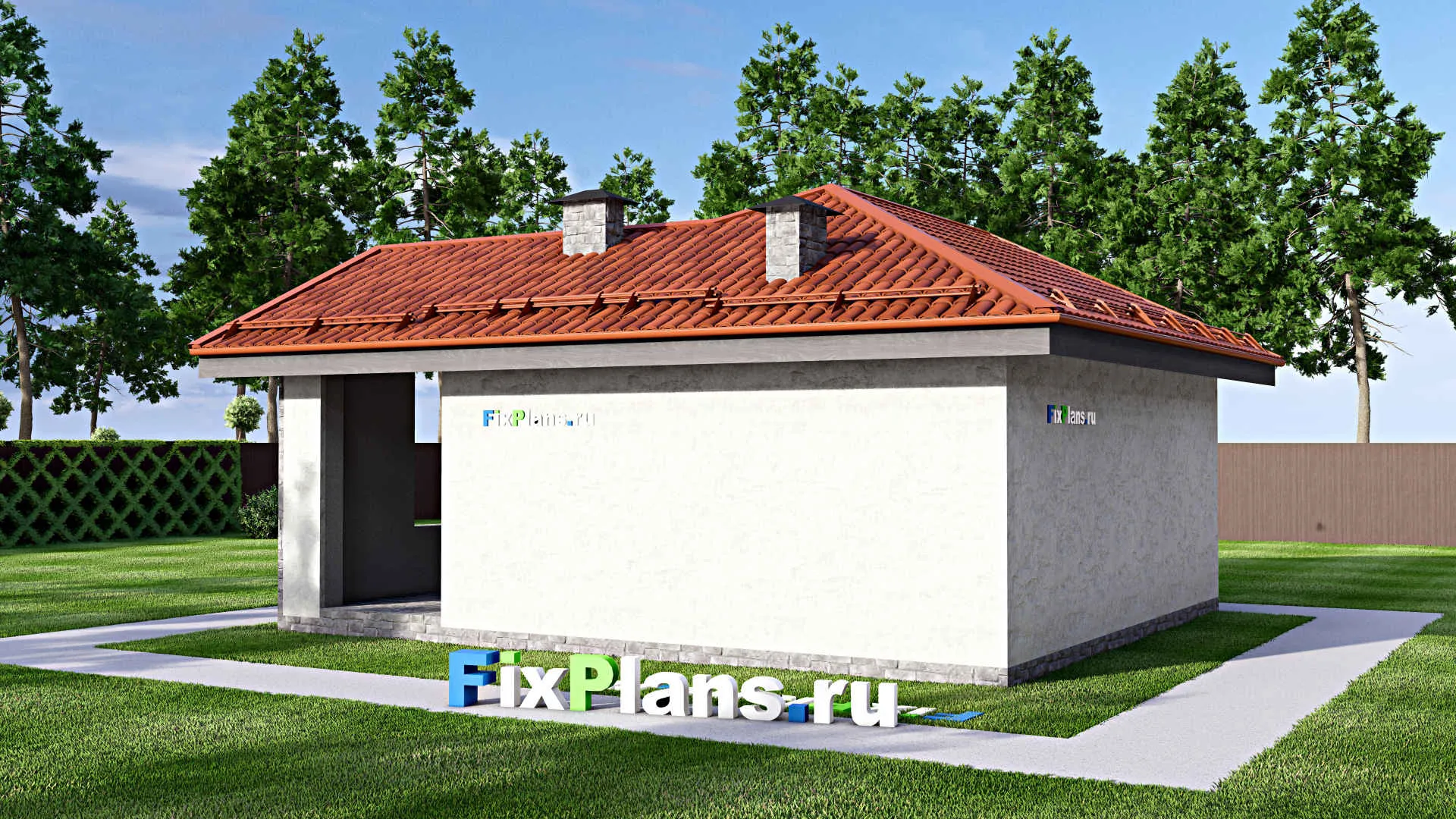 F-14894 - Проект бани 9 на 10, площадью 60 м² с комнатой отдыха, терассой и санузлом