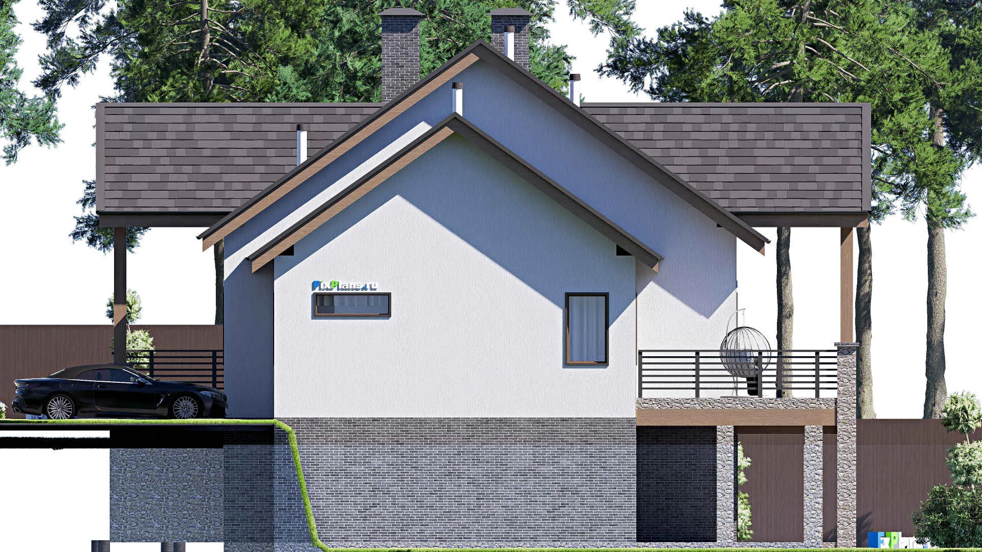 F-20627 - Проект одноэтажного дома 18 на 23, площадью 570 м² с террасой, цокольным этажом, гаражом на 2 машины и 3 спальнями