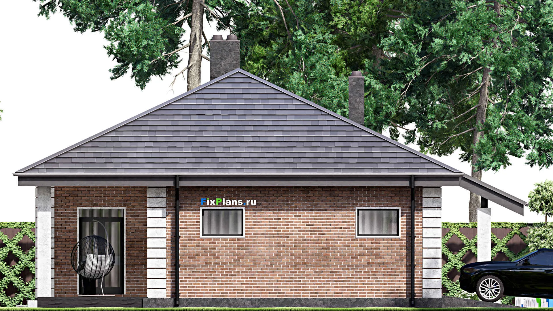 F-14525 - Проект одноэтажного дома 13 на 17, площадью 150 м² с террасой, гаражом на 2 машины и 2 спальнями