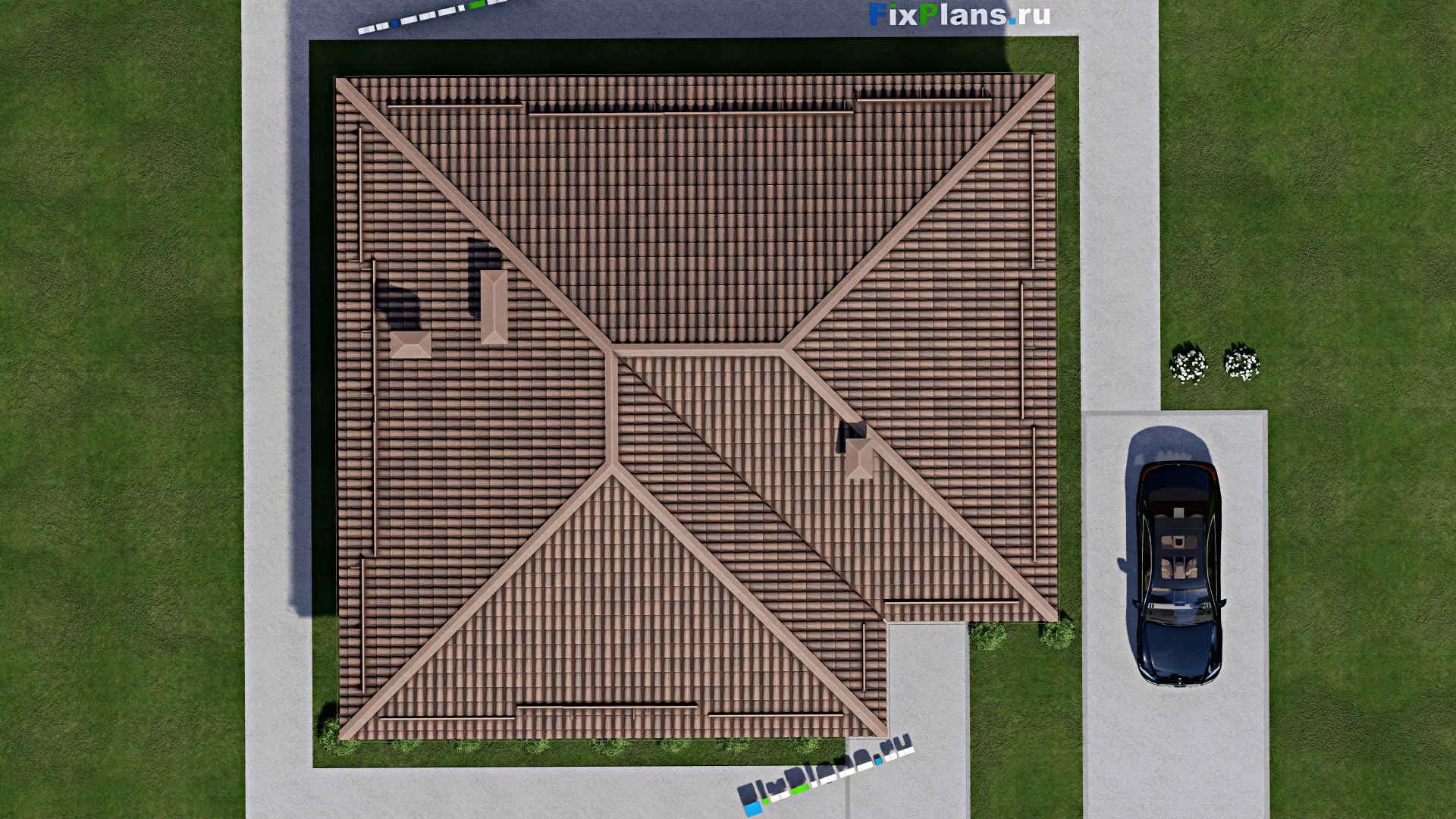 F-9881 - Проект одноэтажного дома 14 на 15, площадью 150 м² с террасой и 4 спальнями