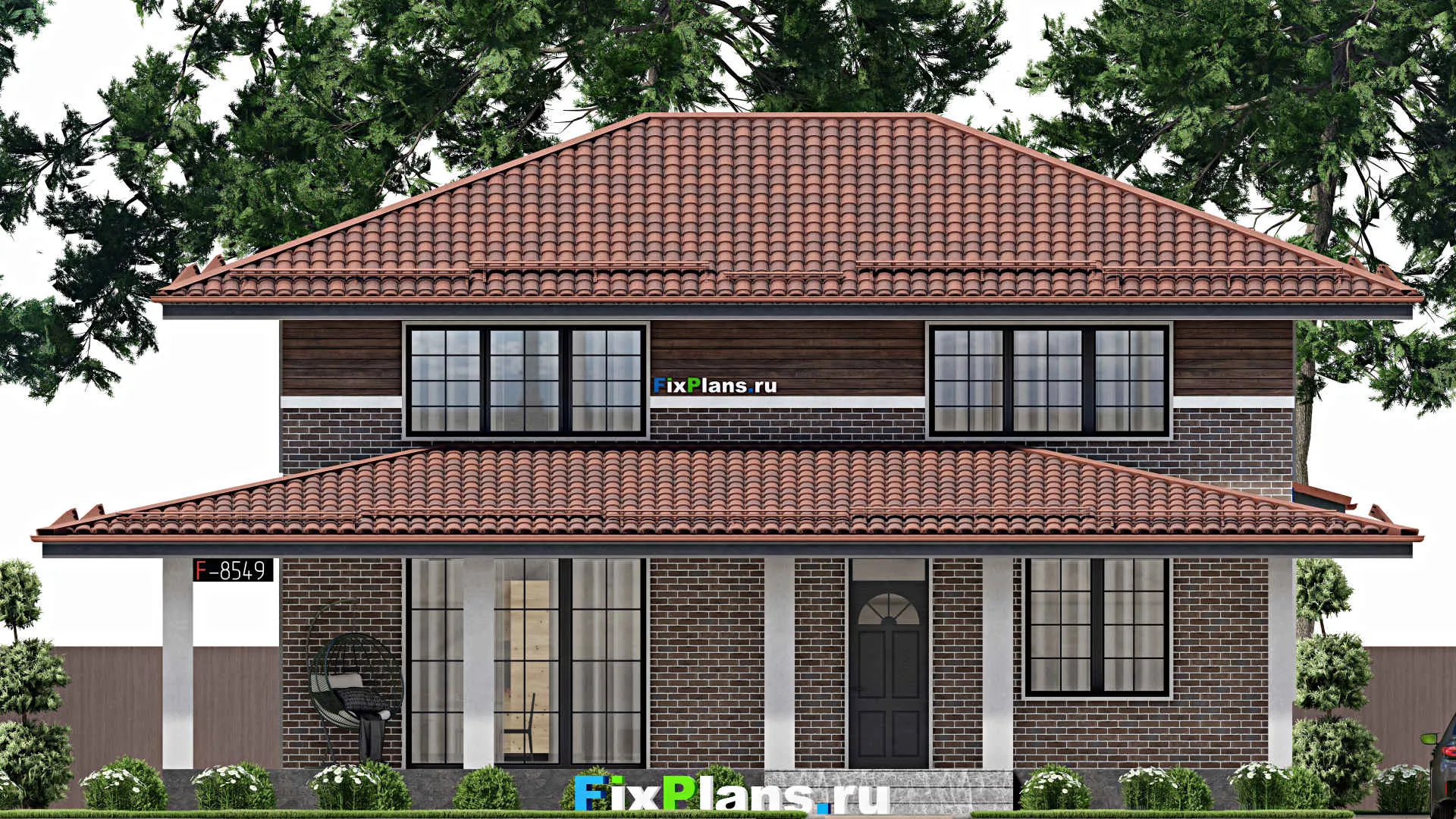 F-8549 - Проект двухэтажного дома 15 на 15, площадью 250 м² с террасой и 4 спальнями