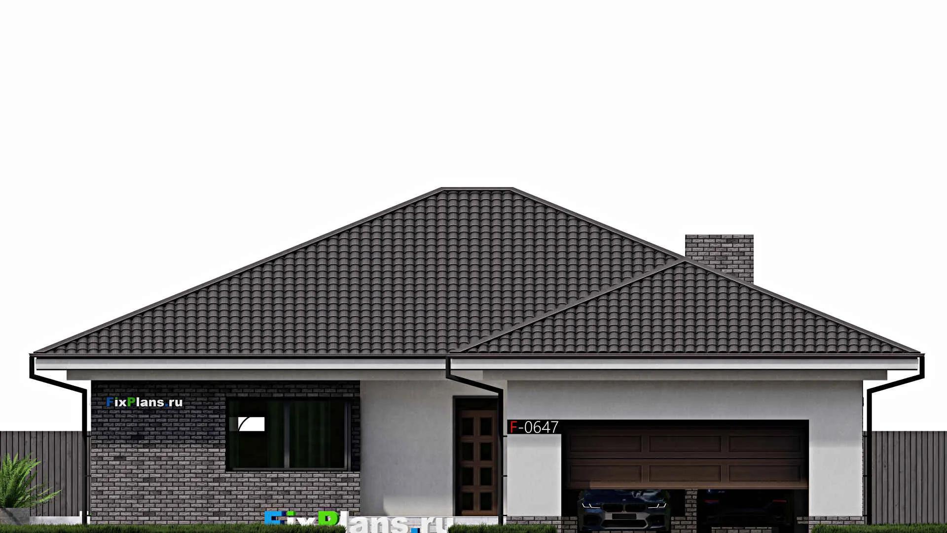 F-0647 - Проект одноэтажного дома 16 на 21, площадью 230 м² с террасой, гаражом на 2 машины и 3 спальнями