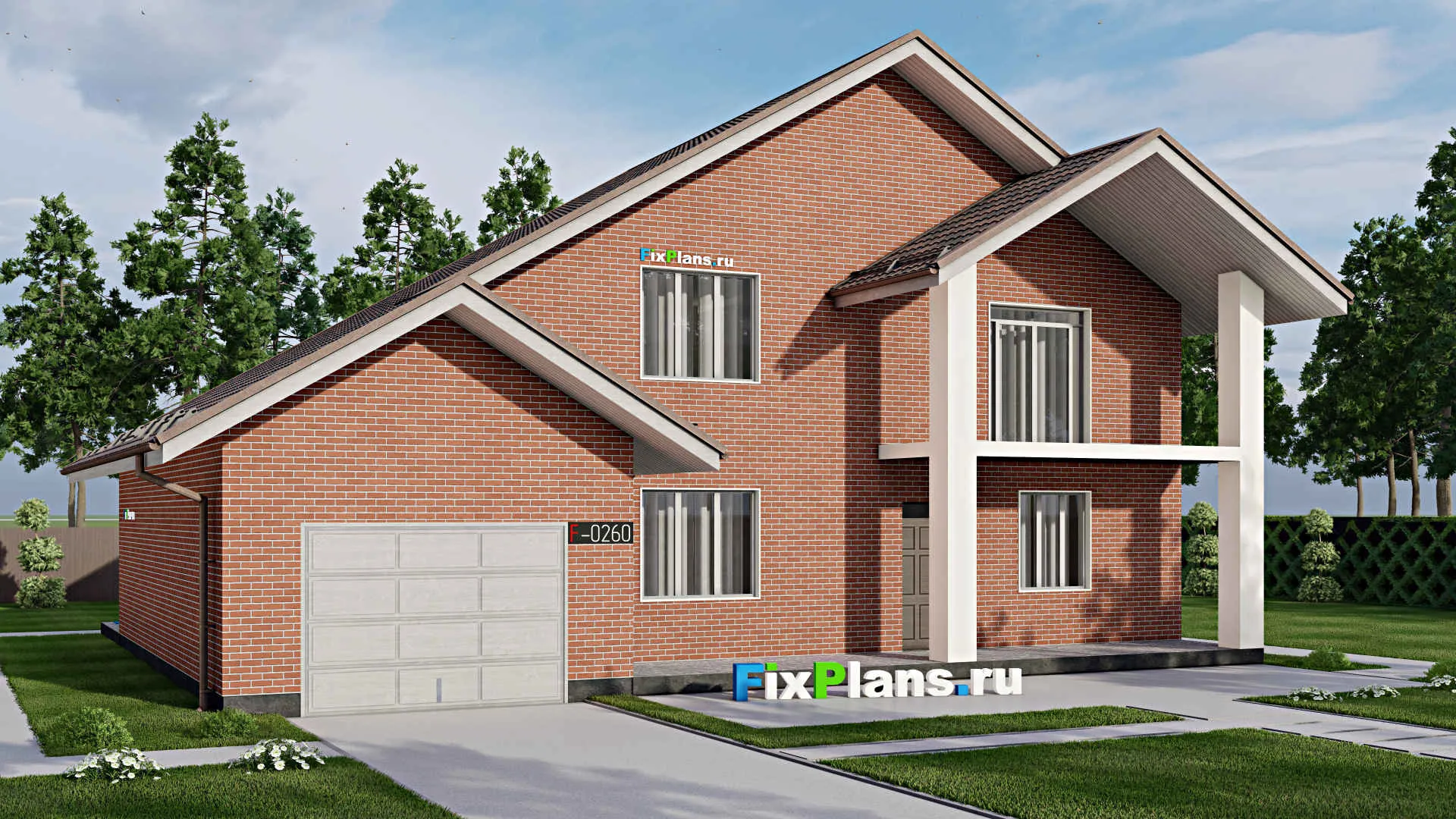 F-0260i - Проект дома с мансардой 12 на 17, площадью 280 м² с террасой, балконом, гаражом на 1 машину и 4 спальнями