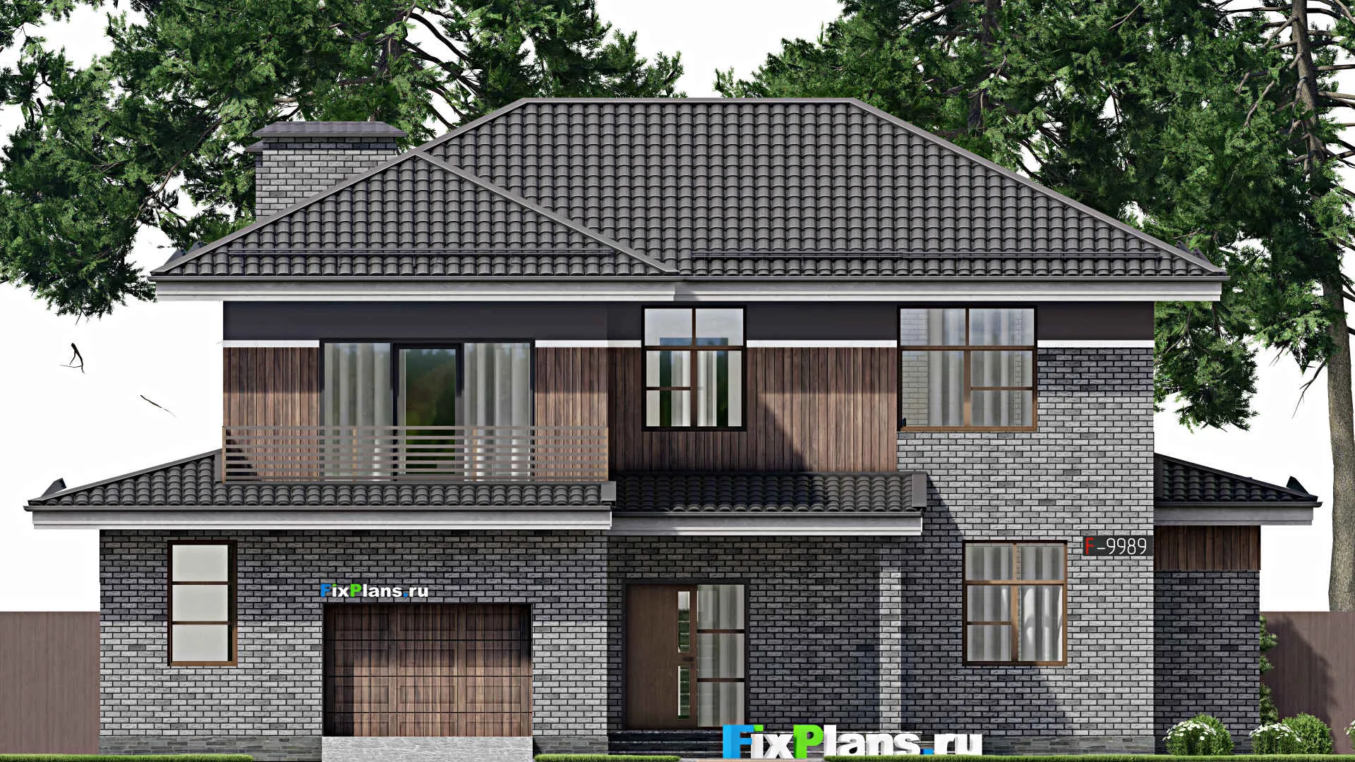 F-9989 - Проект двухэтажного дома 17 на 18, площадью 270 м² с террасой, балконом, гаражом на 2 машины и 3 спальнями