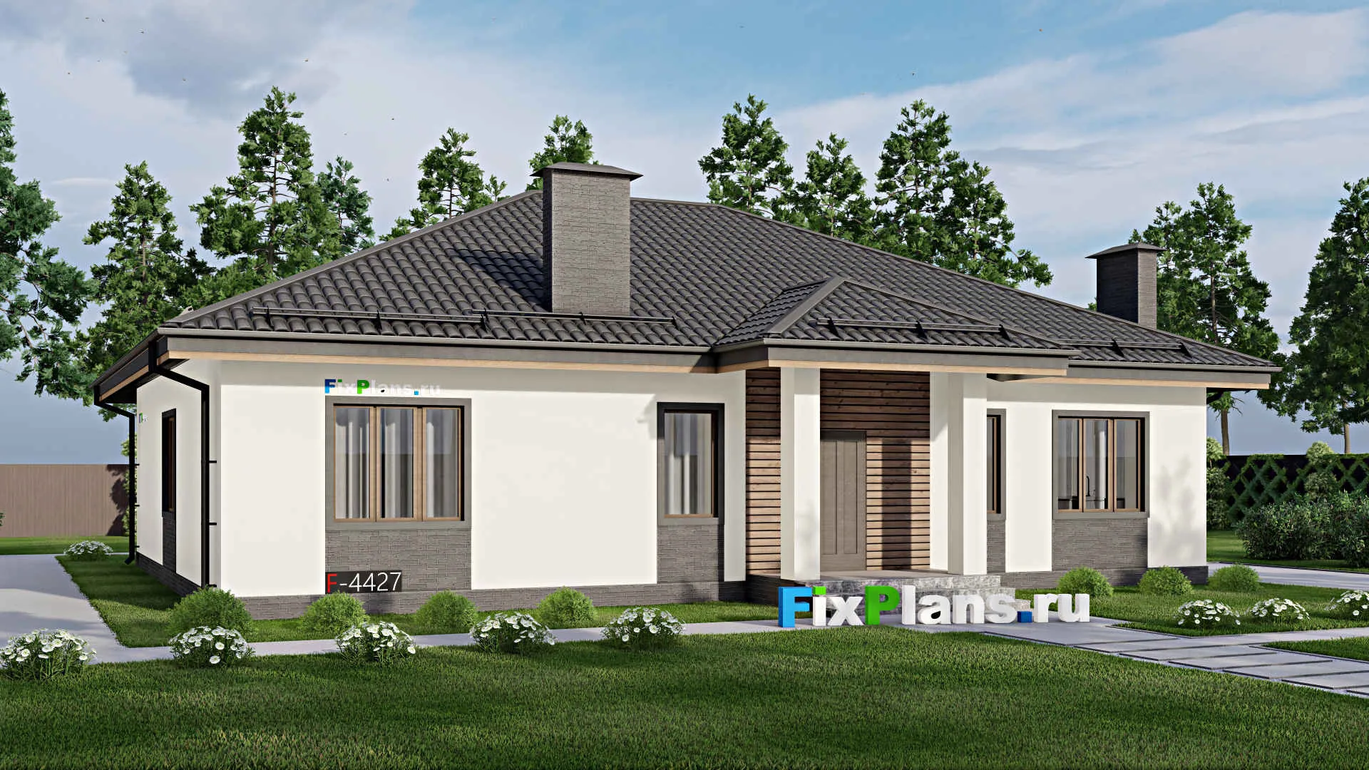 F-4427 - Проект одноэтажного дома 13 на 16, площадью 180 м² с террасой и 4 спальнями