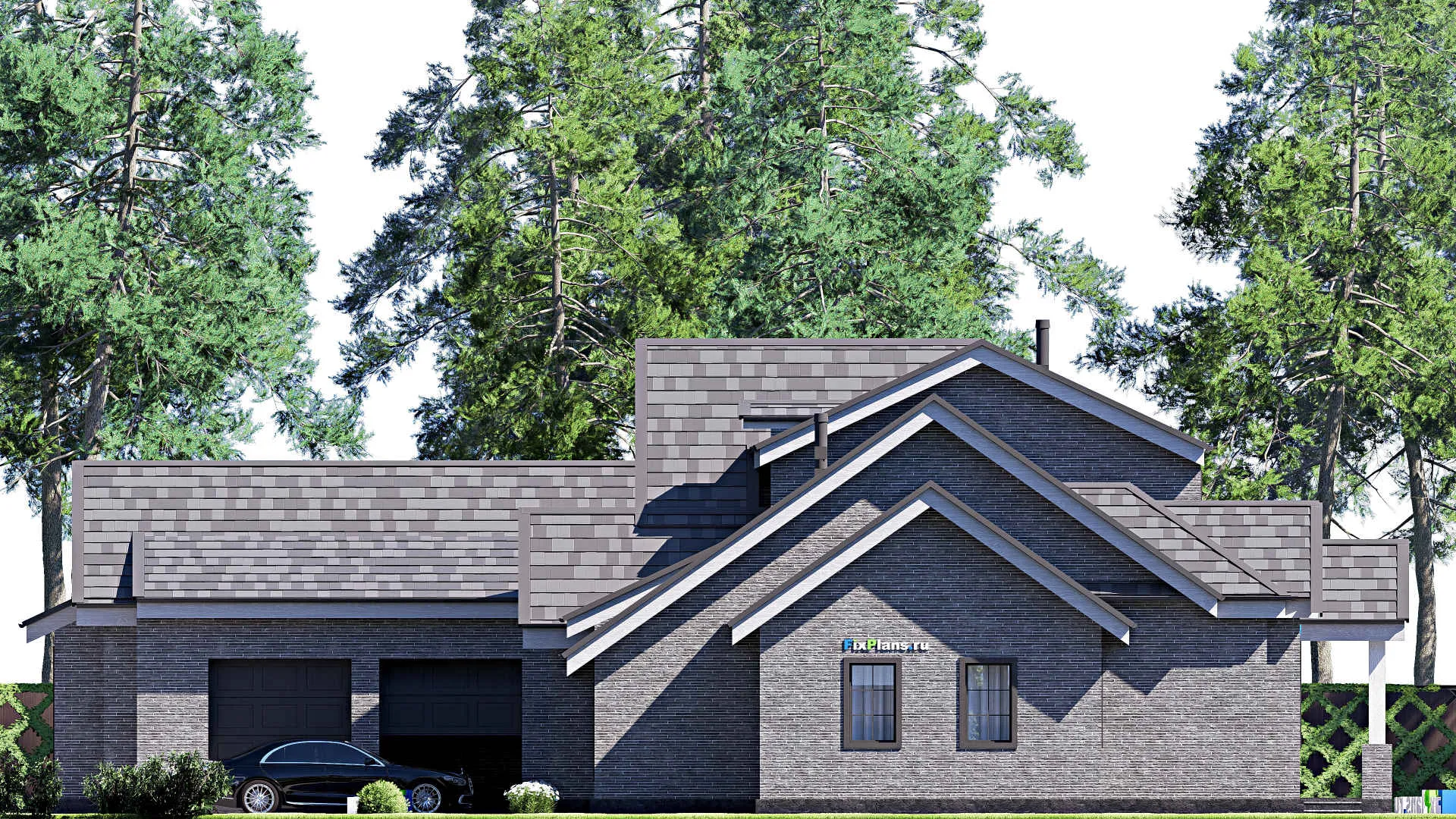 F-20366 - Проект дома с мансардой 23 на 25, площадью 340 м² с террасой, гаражом на 2 машины и 4 спальнями