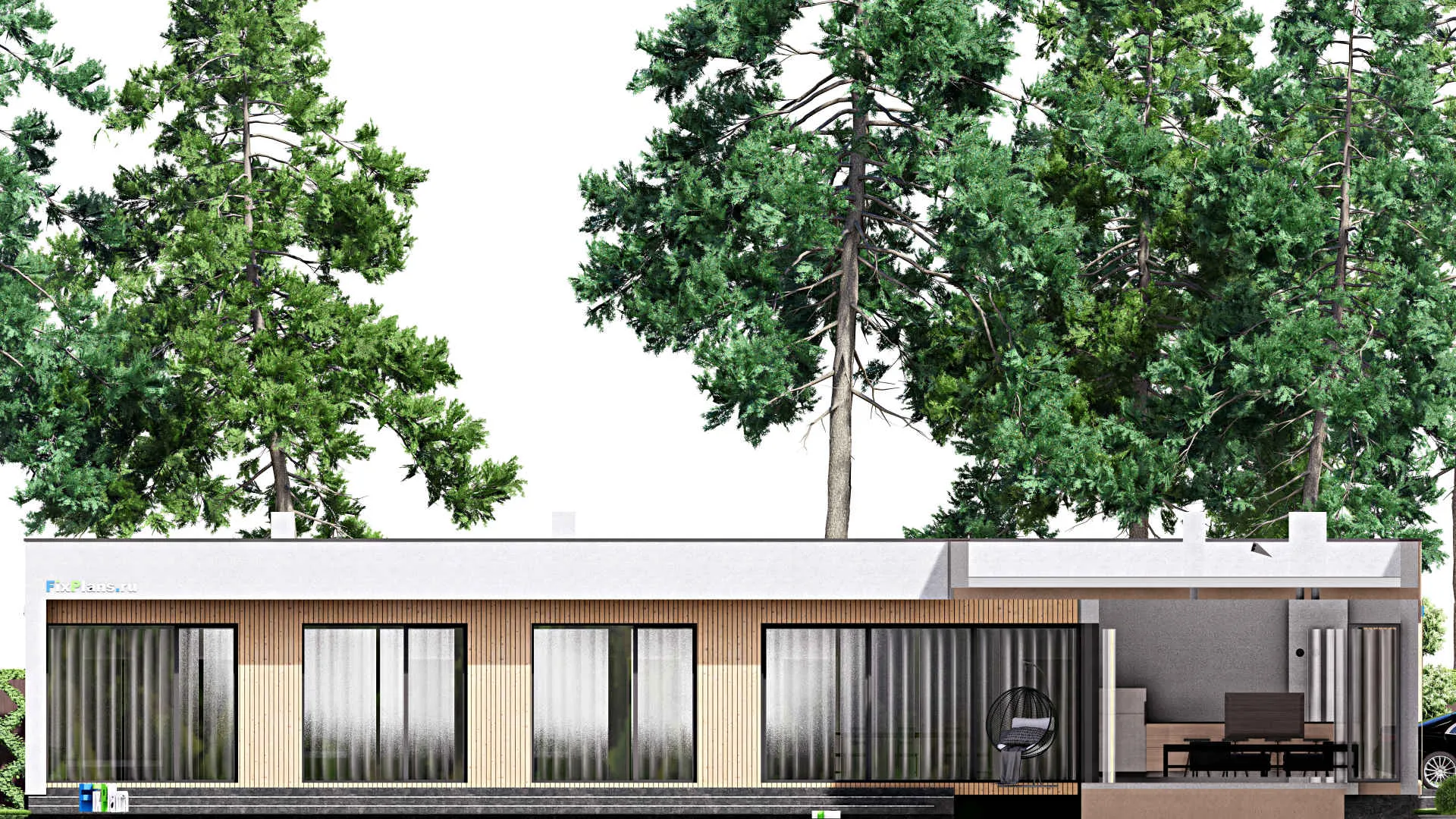 F-16577 - Проект одноэтажного дома 20 на 24, площадью 290 м² с террасой, гаражом на 2 машины и 3 спальнями