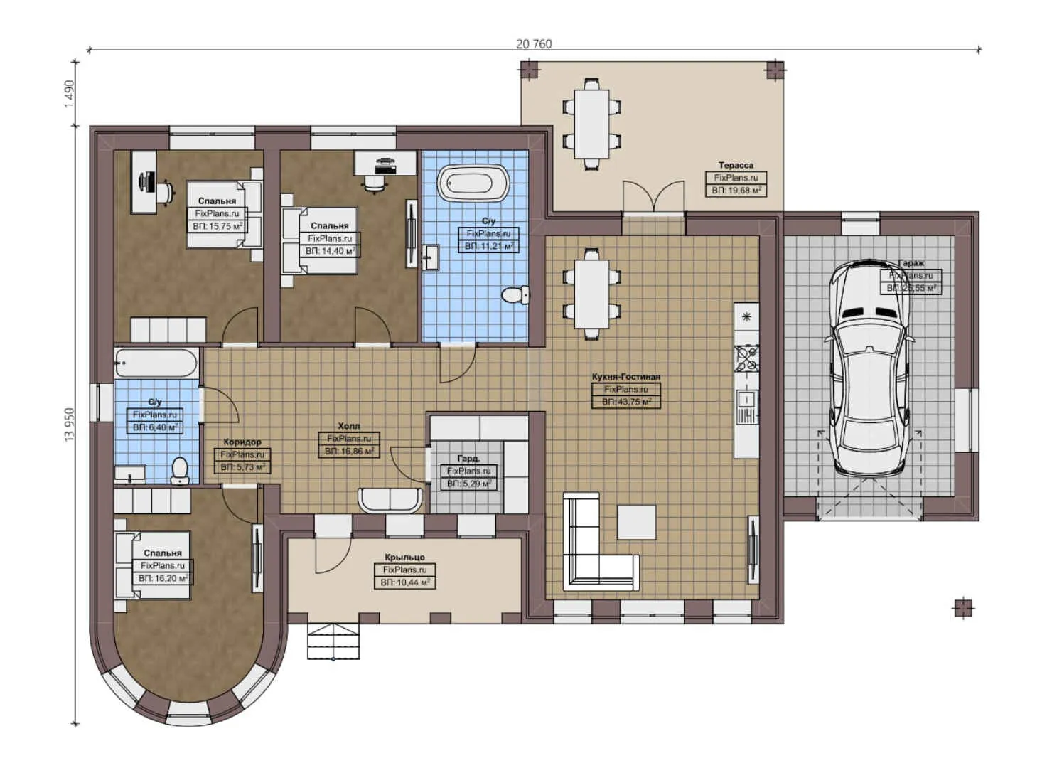 F-0539 - План одноэтажного дома 14 на 21, площадью 200 м² с террасой, гаражом на 1 машину и 3 спальнями
