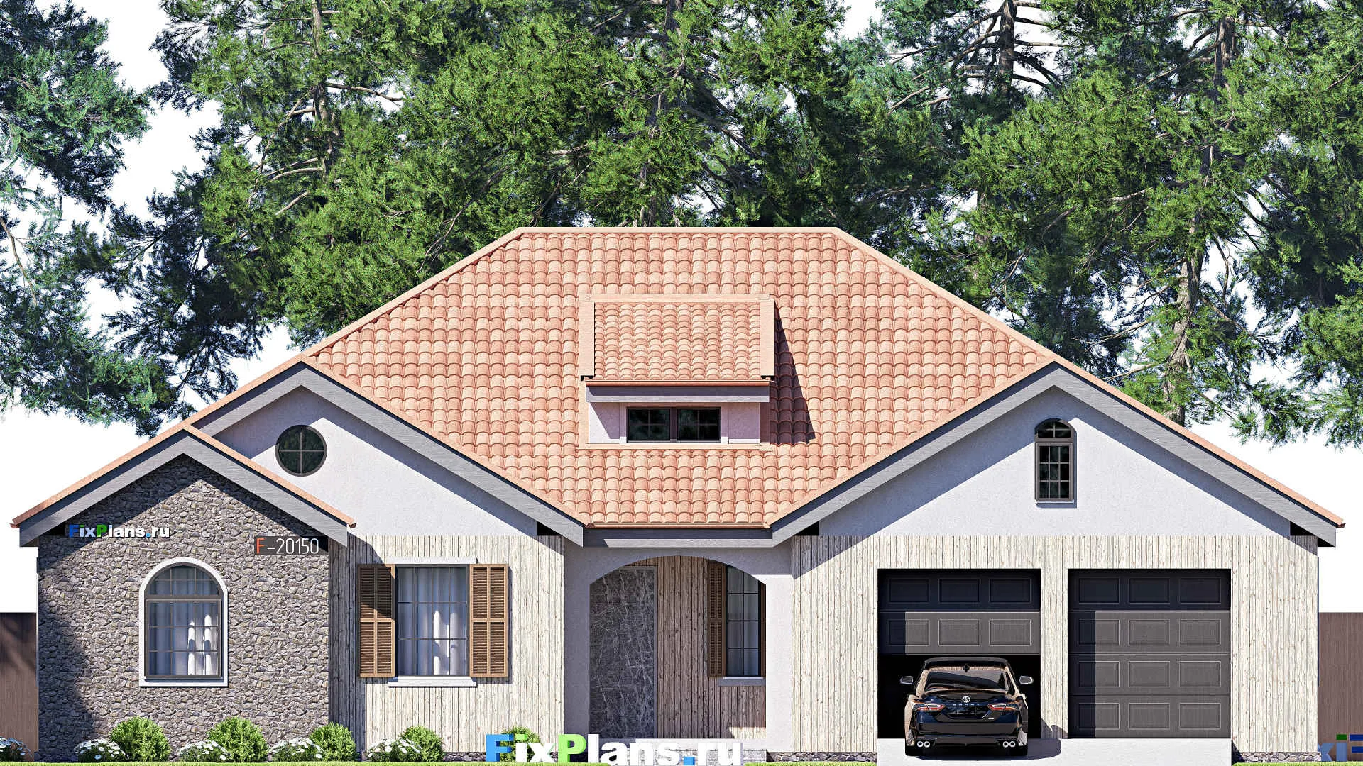 F-20150 - Проект одноэтажного дома 18 на 20, площадью 270 м² с террасой, гаражом на 2 машины и 2 спальнями