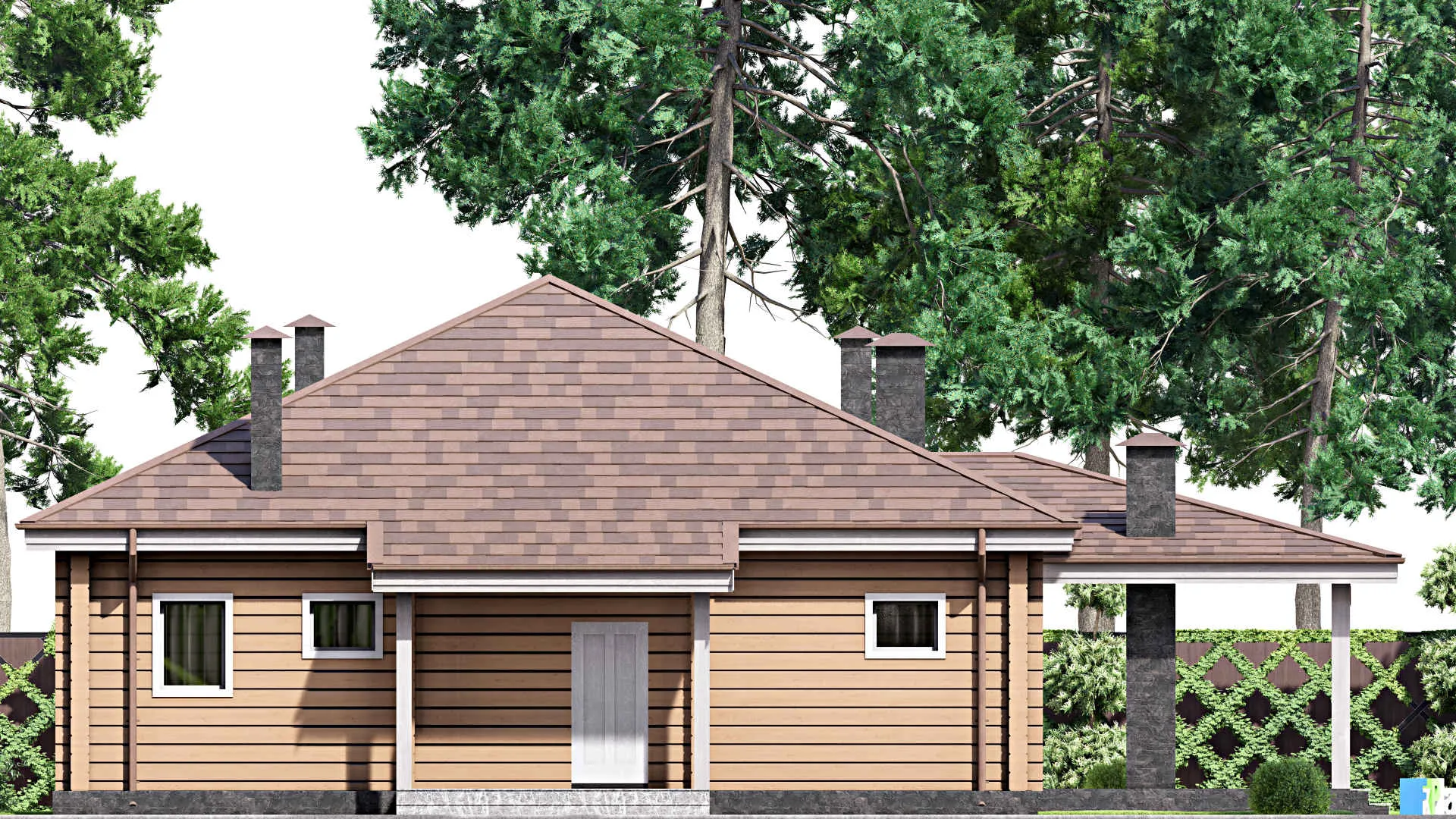 F-14318 - Проект одноэтажного дома 17 на 22, площадью 270 м² с террасой и 5 спальнями