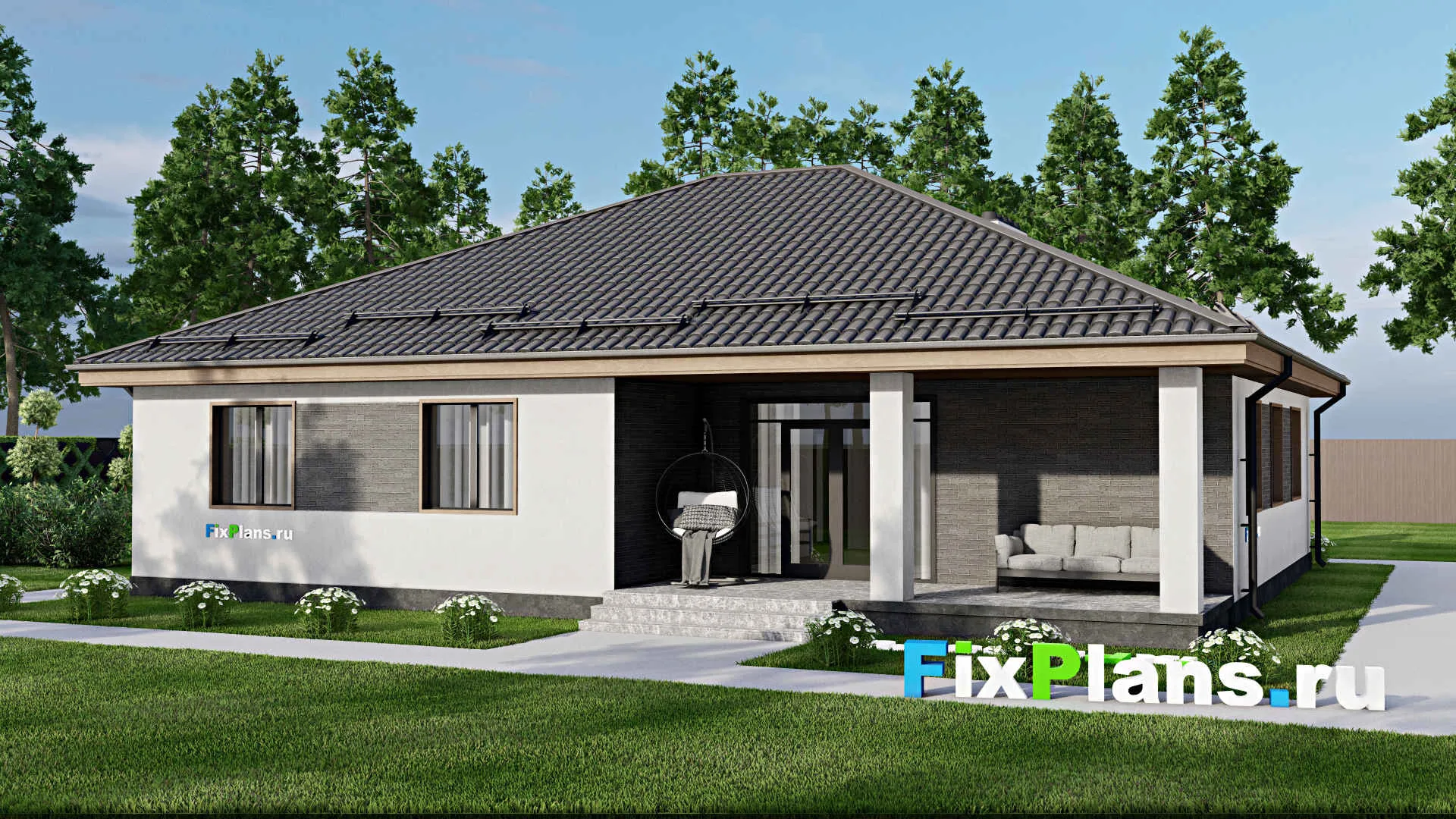 F-3392 - Проект одноэтажного дома 13 на 16, площадью 160 м² с террасой и 3 спальнями