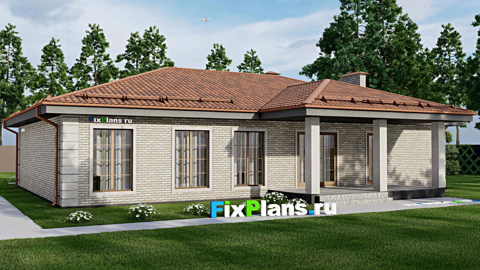 F-9863 - Проект одноэтажного дома 19 на 21, площадью 270 м² с террасой, цокольным этажом, баней, гаражом на 2 машины и 3 спальнями