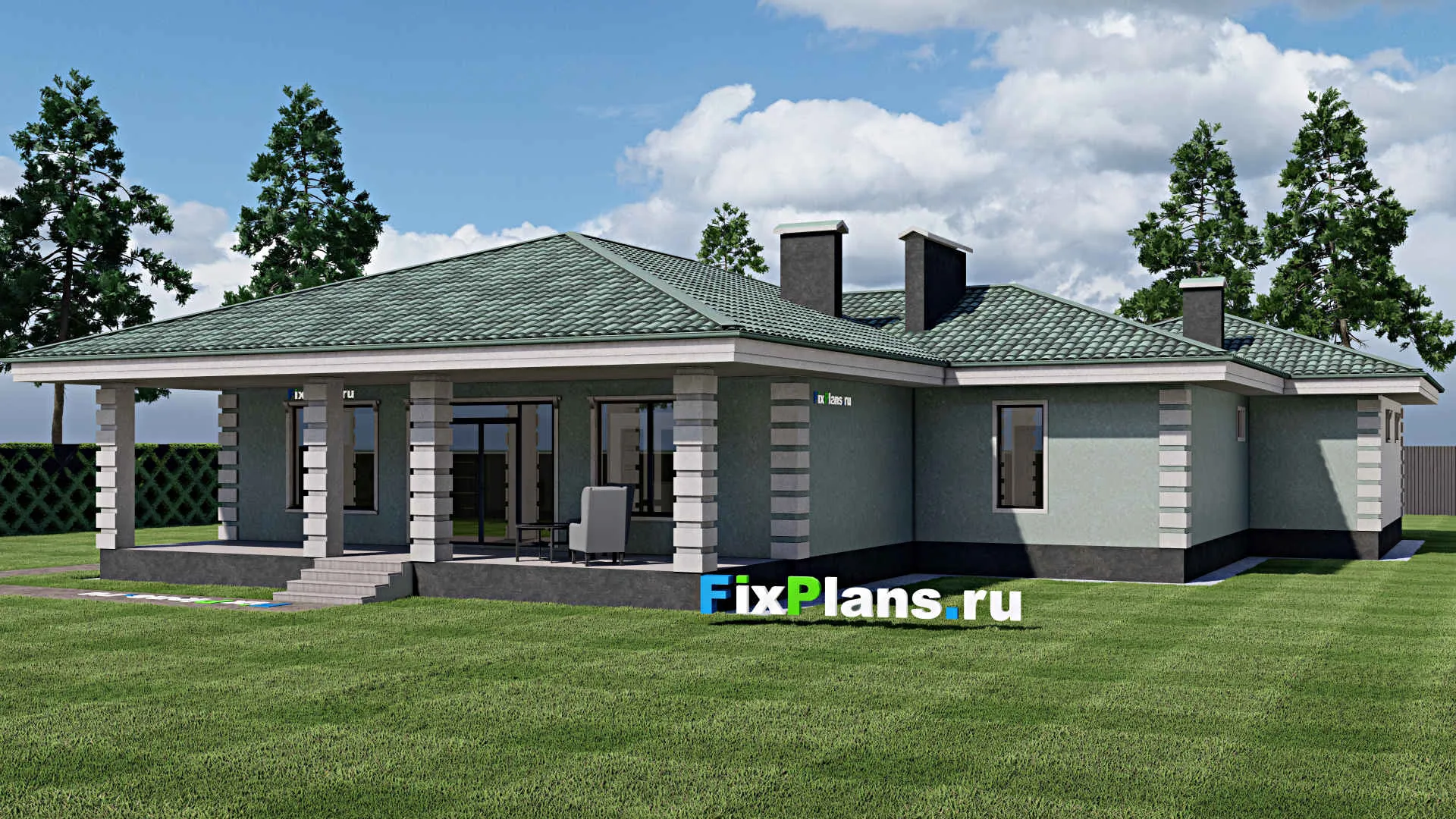 F-0962 - Проект одноэтажного дома 20 на 24, площадью 250 м² с террасой, гаражом на 2 машины и 3 спальнями