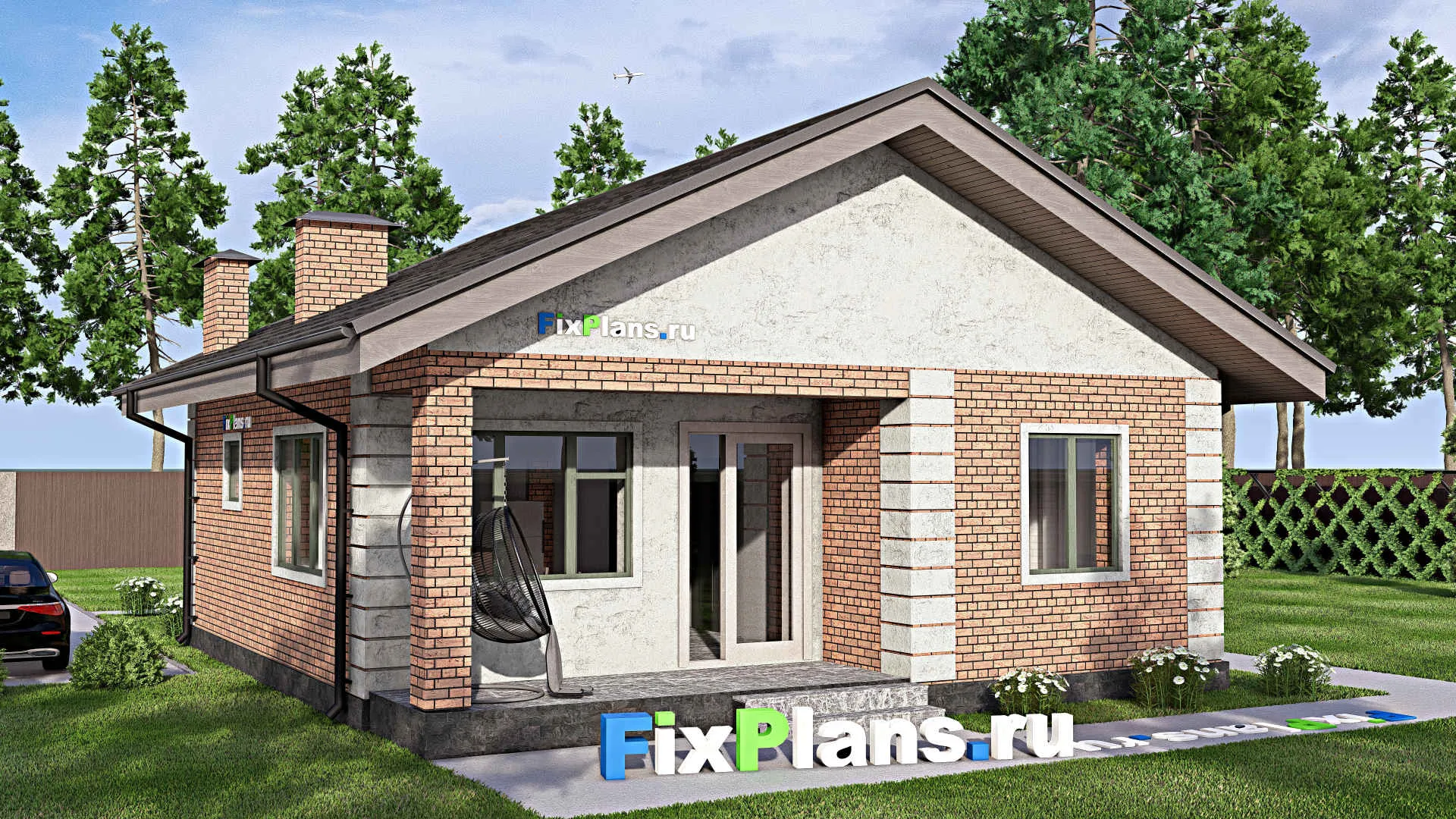 F-13598 - Проект одноэтажного дома 10 на 12, площадью 80 м² с террасой и 3 спальнями