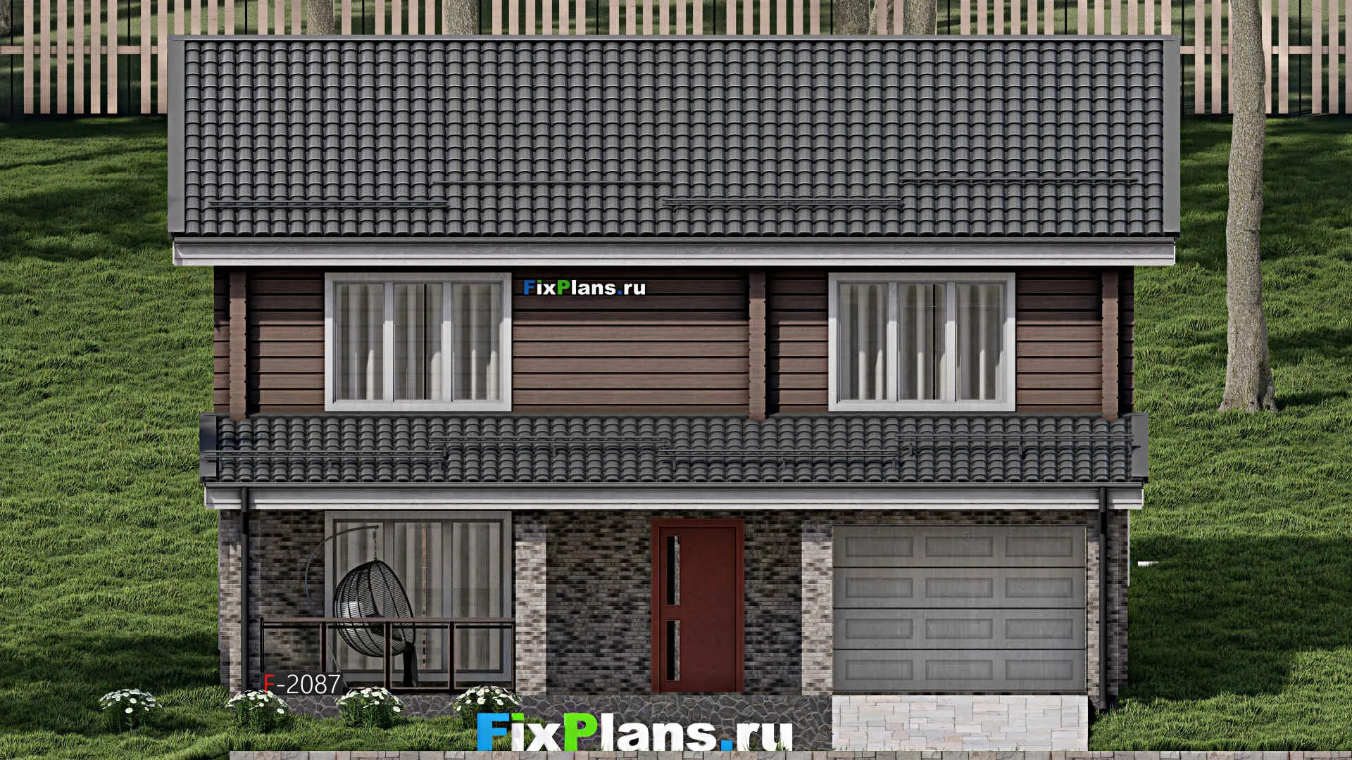 F-2087 - Проект двухэтажного дома 10 на 12, площадью 240 м² с террасой, баней, гаражом на 1 машину и 4 спальнями