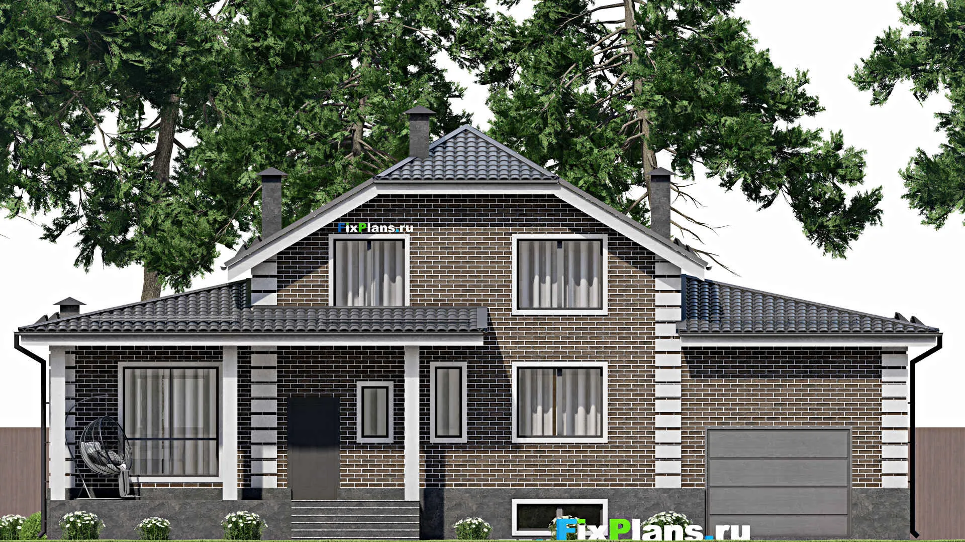 F-5759 - Проект дома с мансардой 13 на 18, площадью 320 м² с цокольным этажом, баней, гаражом на 2 машины и 5 спальнями