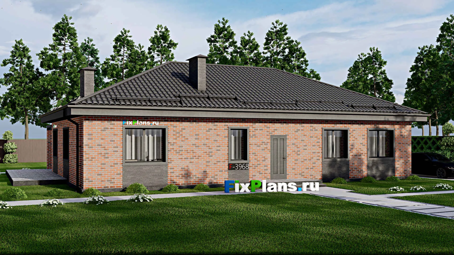 F-3968 - Проект одноэтажного дома 11 на 18, площадью 200 м² с террасой и 3 спальнями