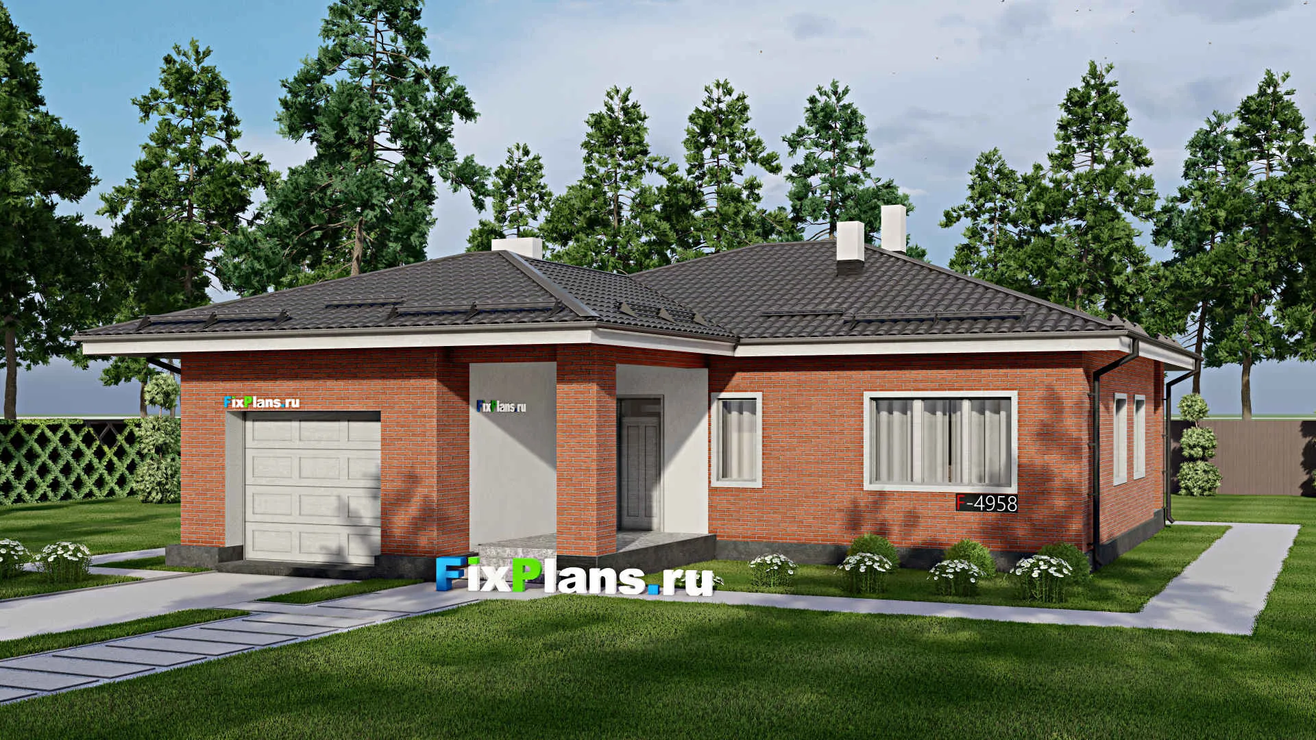 F-4958 - Проект одноэтажного дома 14 на 16, площадью 150 м² с террасой, гаражом на 1 машину и 2 спальнями