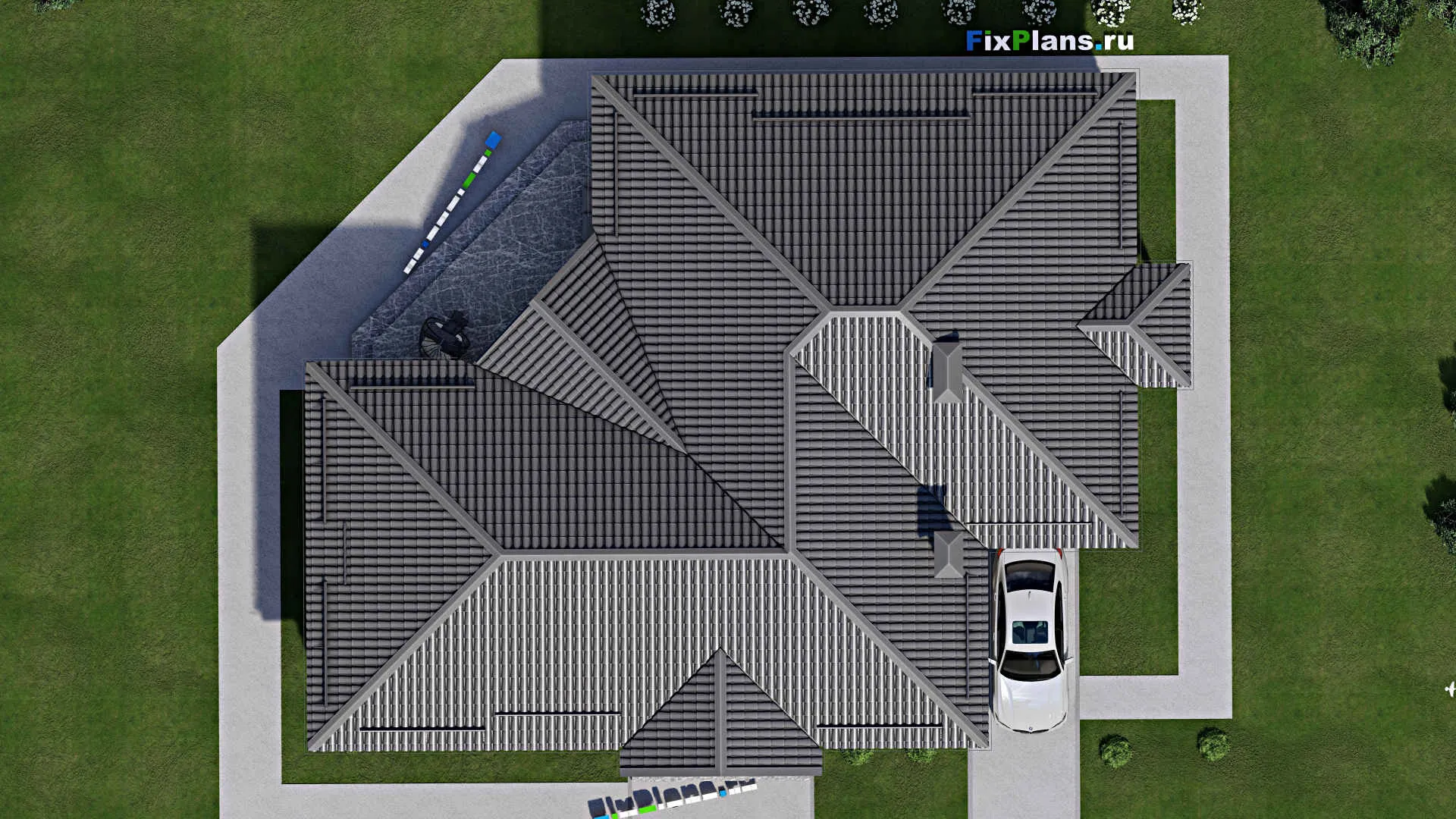 F-3662 - Проект одноэтажного дома 15 на 19, площадью 210 м² с террасой, гаражом на 1 машину и 3 спальнями