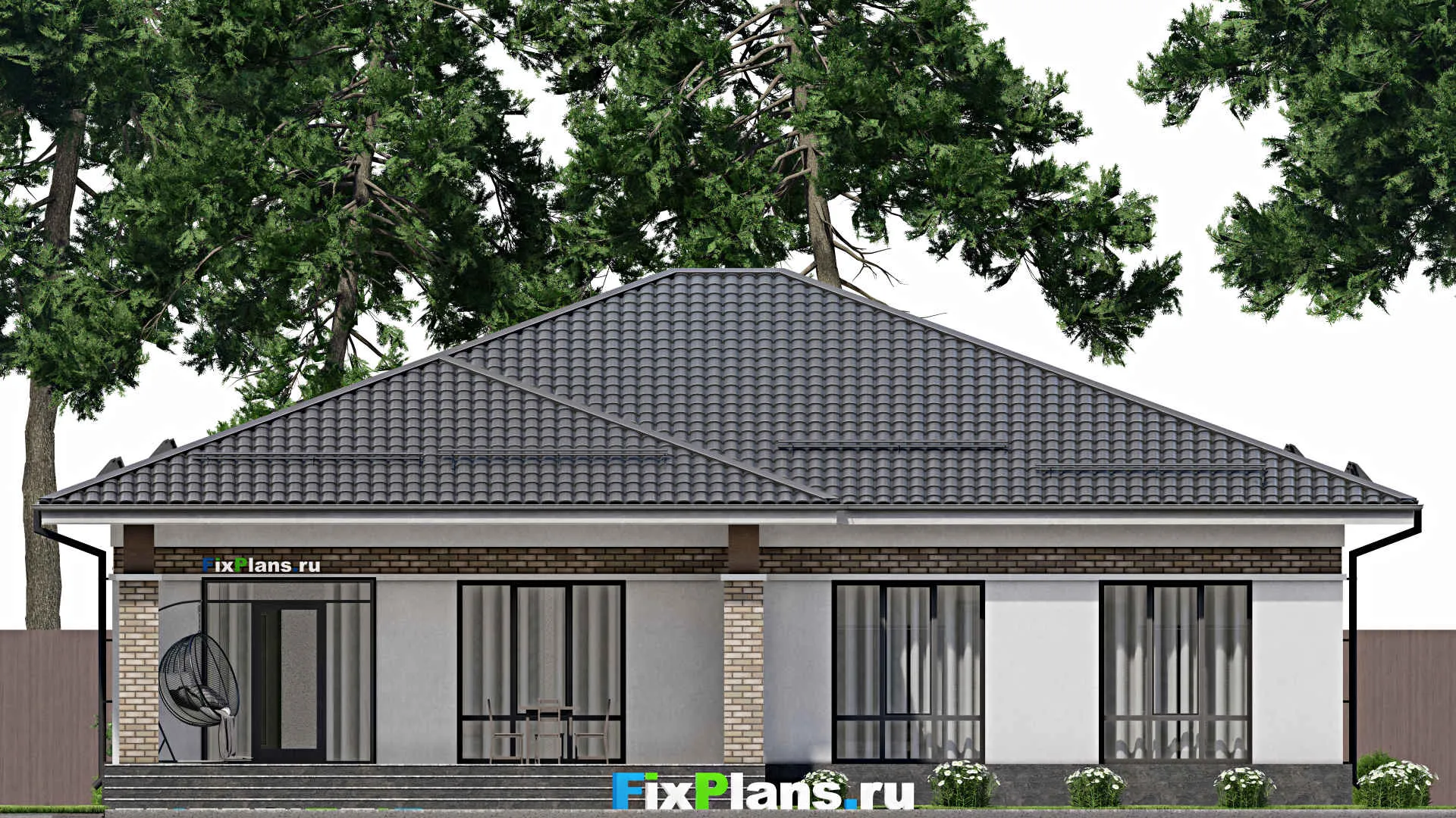 F-1925 - Проект одноэтажного дома 17 на 17, площадью 230 м² с террасой и 4 спальнями