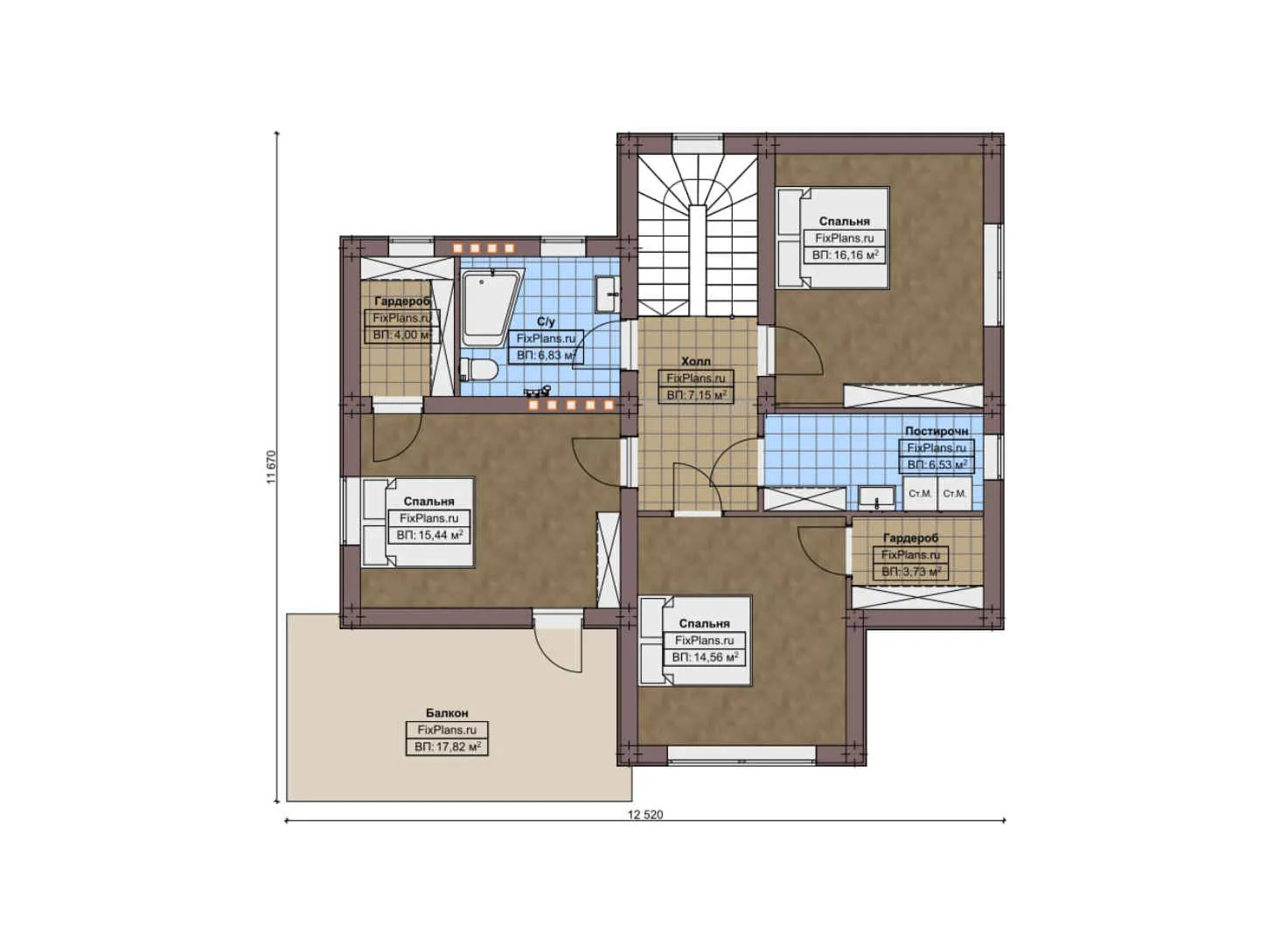 F-9062 - Планы двухэтажного дома 12 на 13, площадью 220 м² с террасой, балконом и 4 спальнями