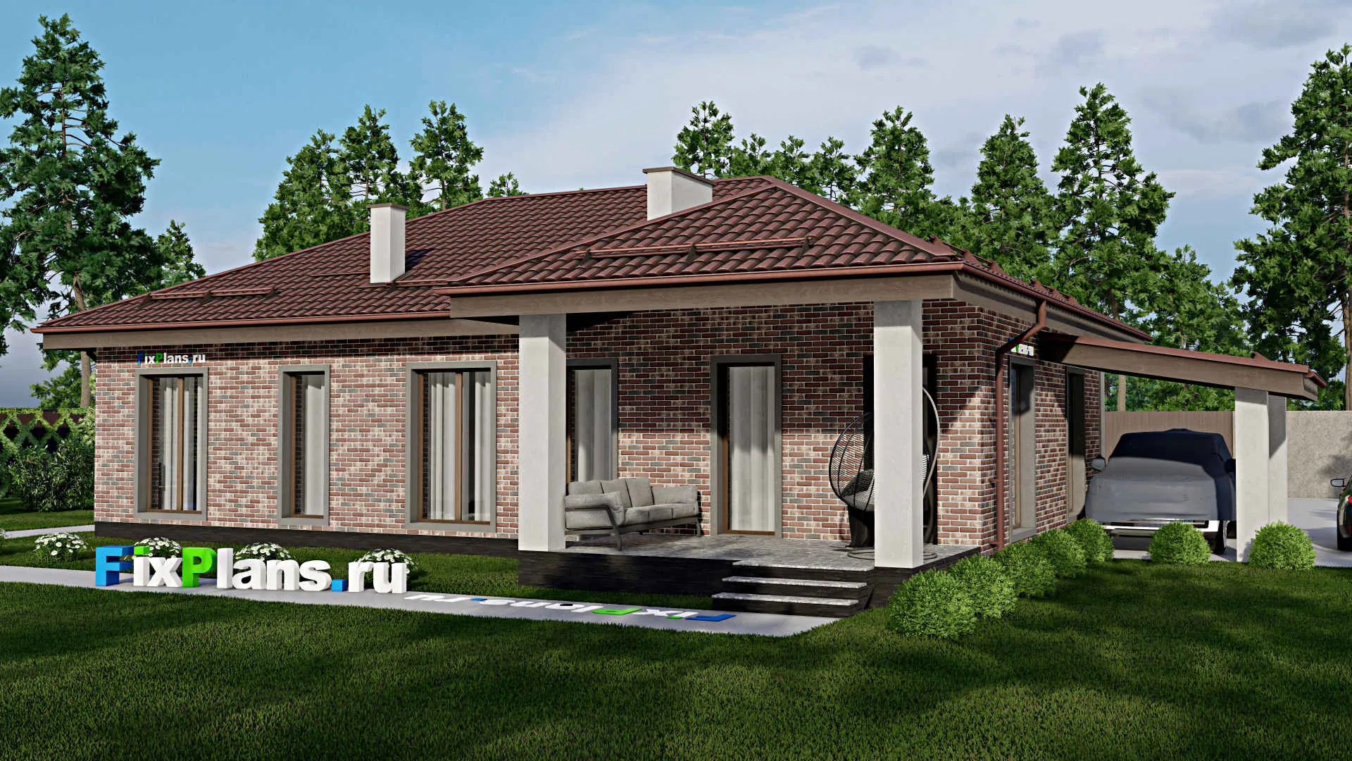 F-1610 - Проект одноэтажного дома 10 на 16, площадью 140 м² с террасой и 3 спальнями