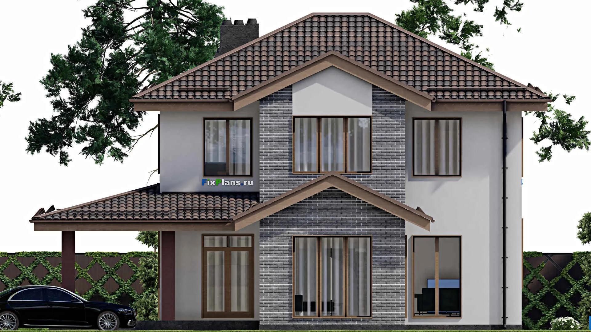 F-7325 - Проект двухэтажного дома 14 на 14, площадью 200 м² с террасой и 4 спальнями